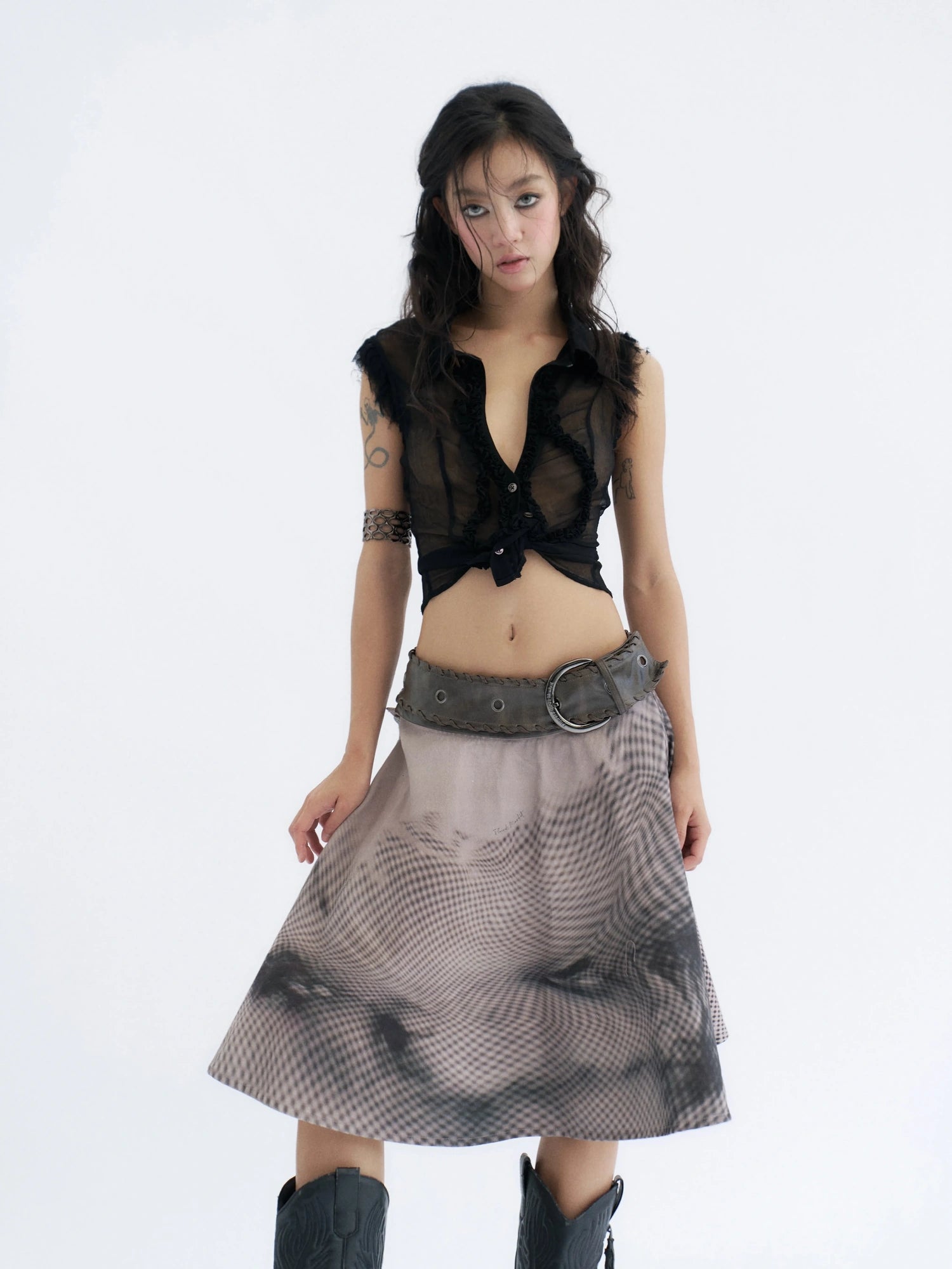 Flowers birds Market 100 Percent Cotton Denim A Line Tie Waist Mid Waist Women Denim Midi Skirt