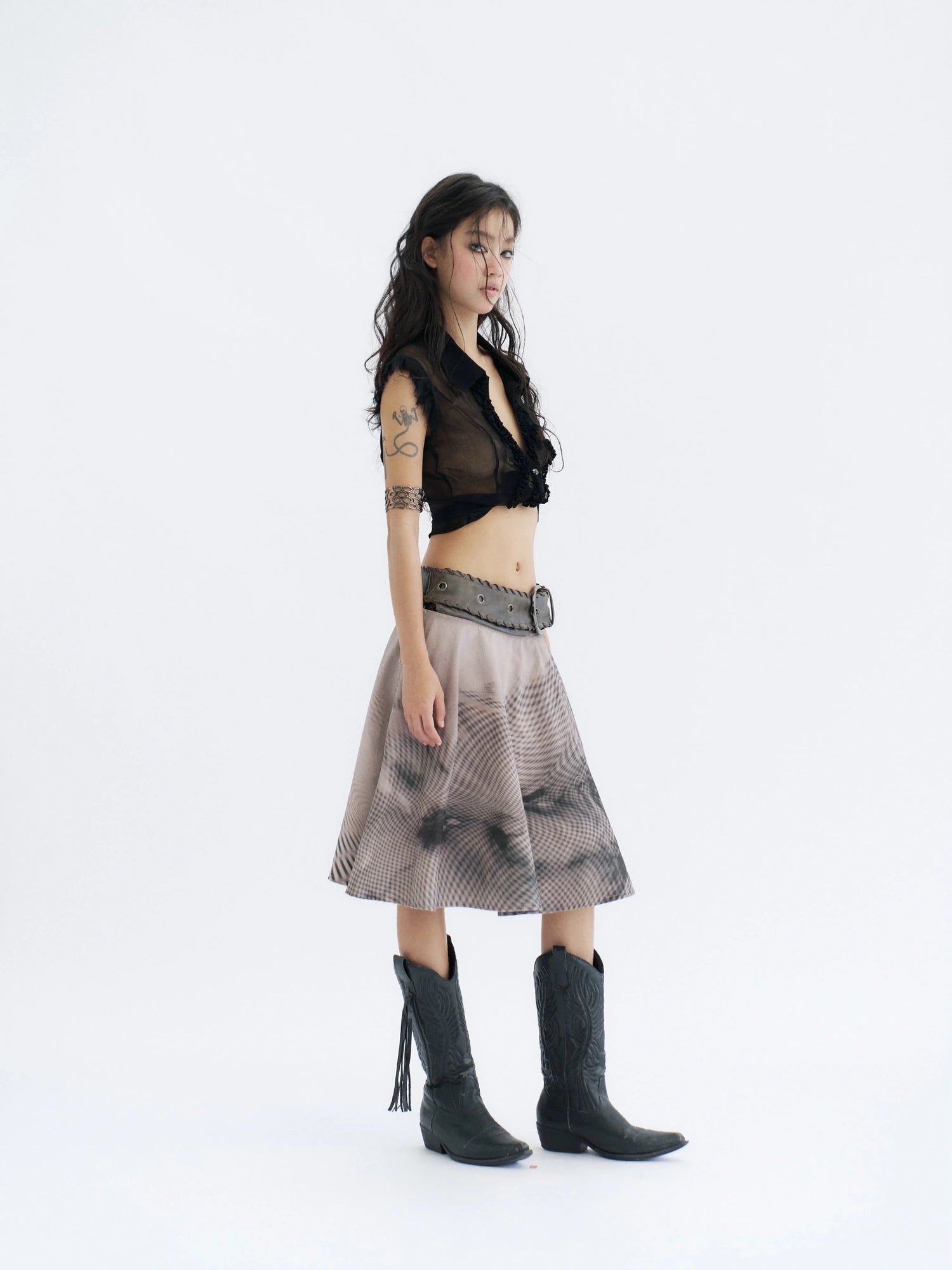 Flowers birds Market 100 Percent Cotton Denim A Line Tie Waist Mid Waist Women Denim Midi Skirt