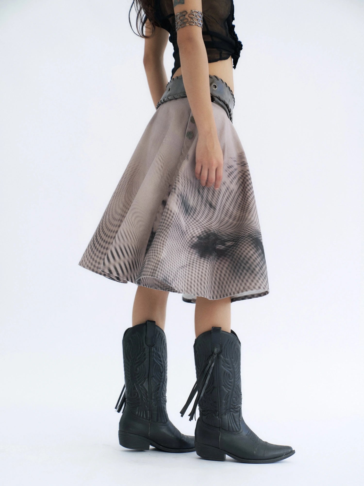 Flowers birds Market 100 Percent Cotton Denim A Line Tie Waist Mid Waist Women Denim Midi Skirt