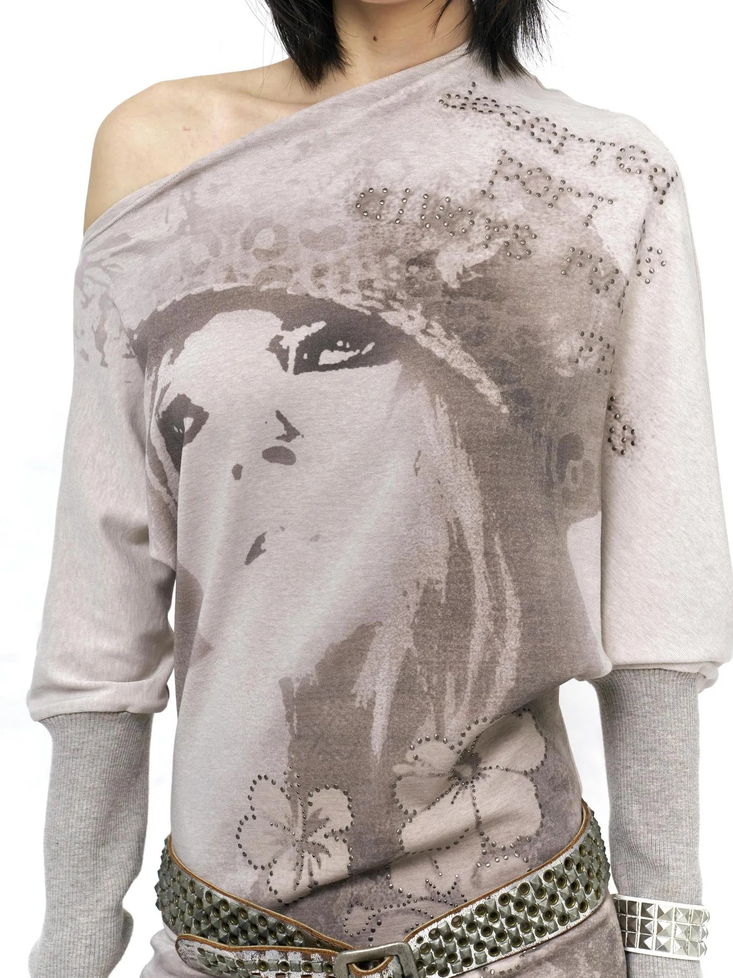 Flowers birds Market All Cotton Warm Gray Rhinestone Floral Graphic Batwing Long Sleeve Women T-Shirt