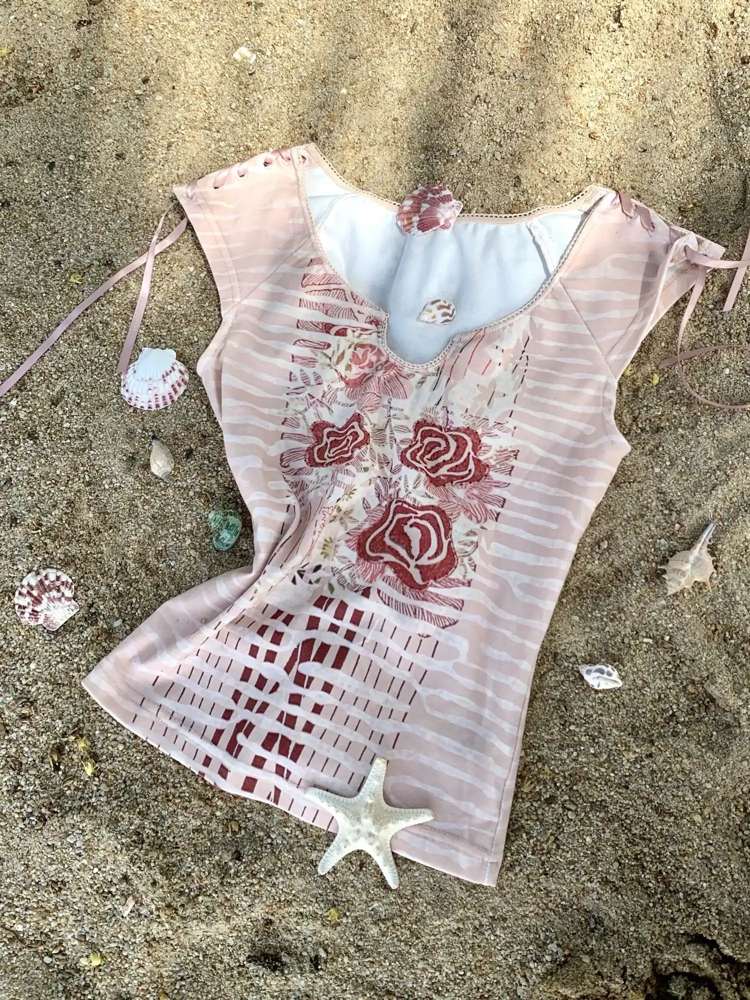 Flowers birds Market Apricot Pink Floral Print Cotton Drawstring Sleeveless Slim Fit Women T-Shirt