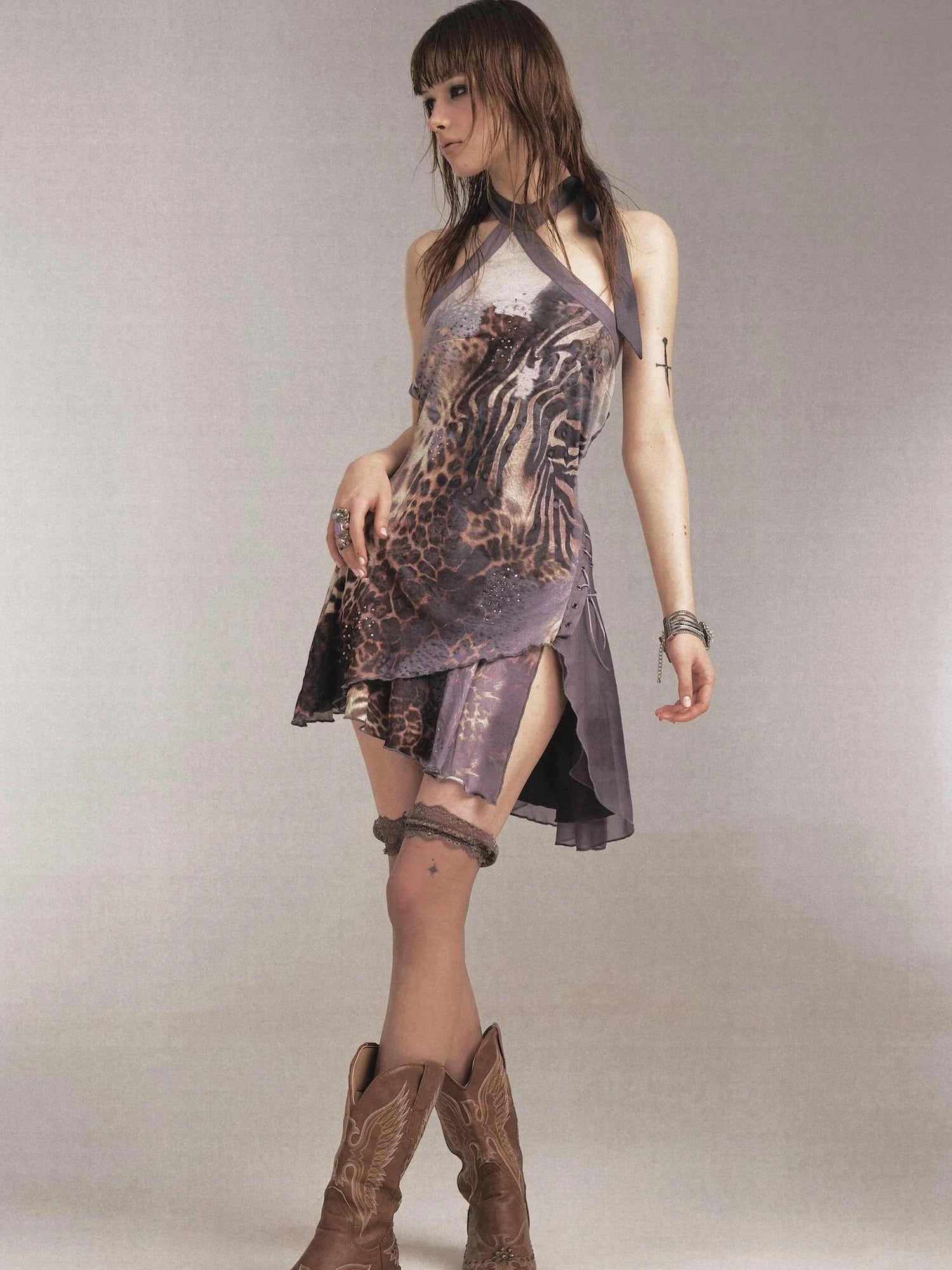 Asymmetric Hem Leopard Print Slip Dress V Neck