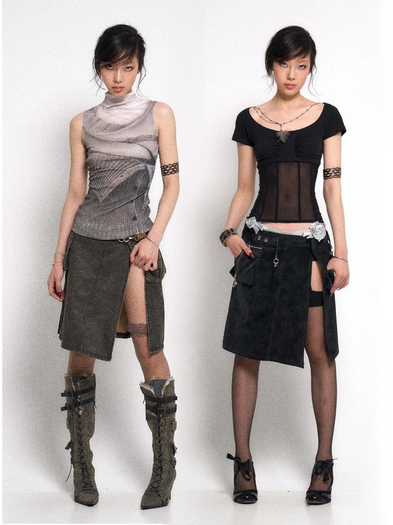 Asymmetrical Leather Panel Midi Skirt with Dual Tone Washable Pu