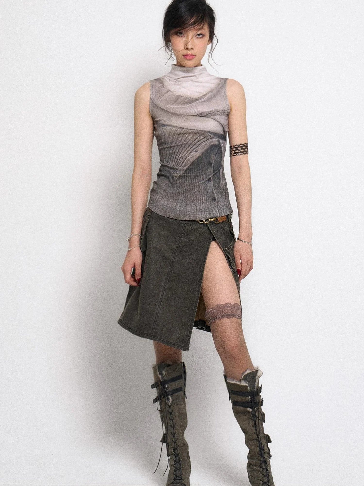 Asymmetrical Leather Panel Midi Skirt with Dual Tone Washable Pu