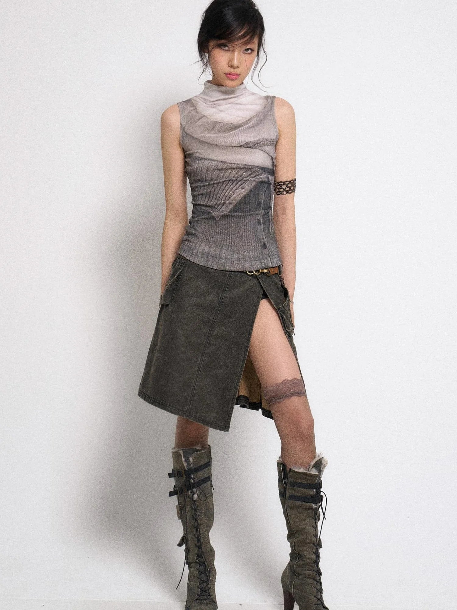 Asymmetrical Leather Panel Midi Skirt with Dual Tone Washable Pu