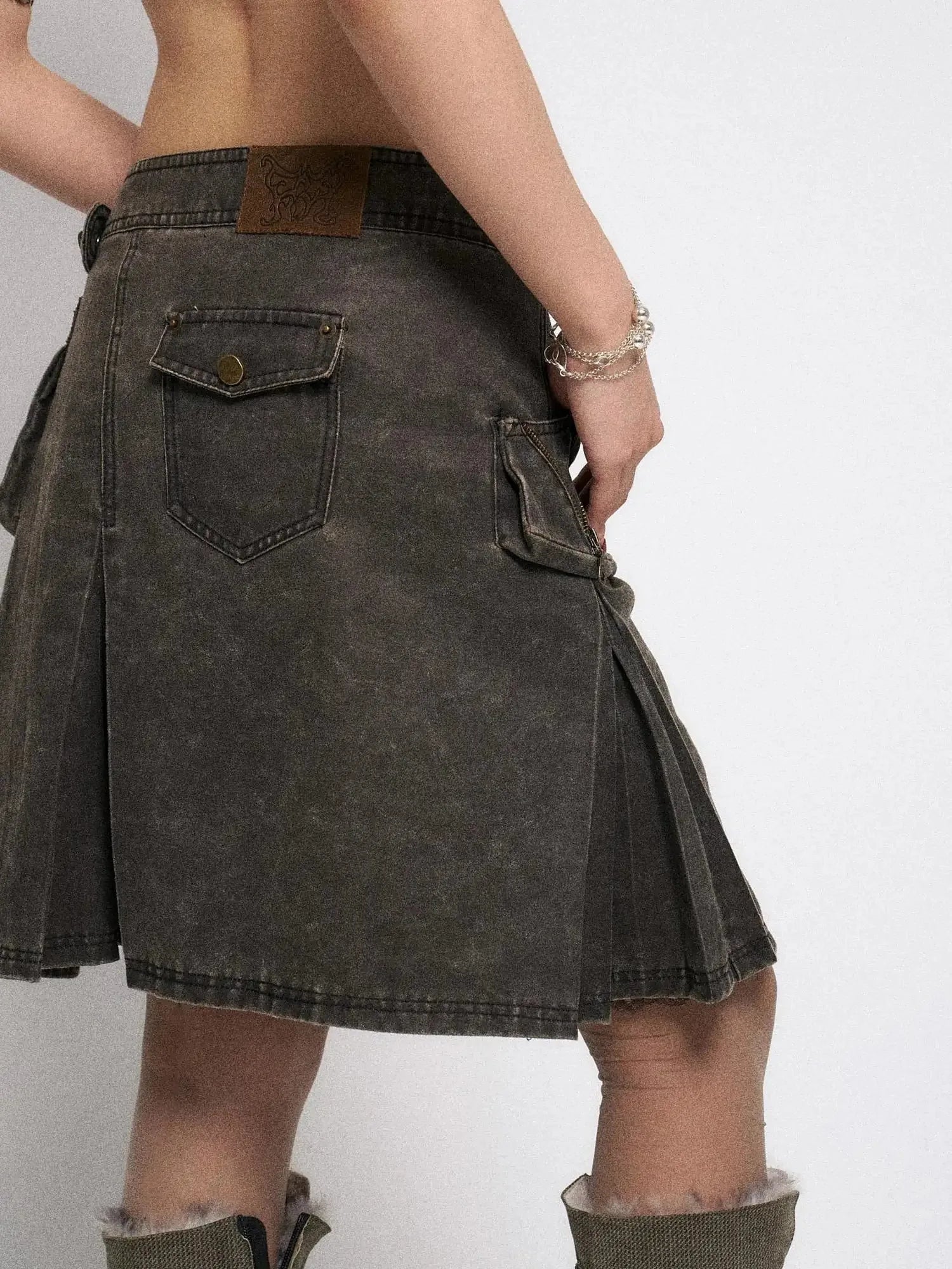 Asymmetrical Leather Panel Midi Skirt with Dual Tone Washable Pu