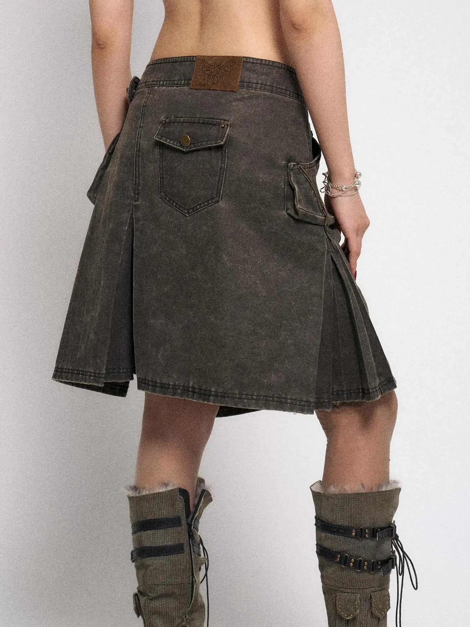 Asymmetrical Leather Panel Midi Skirt with Dual Tone Washable Pu