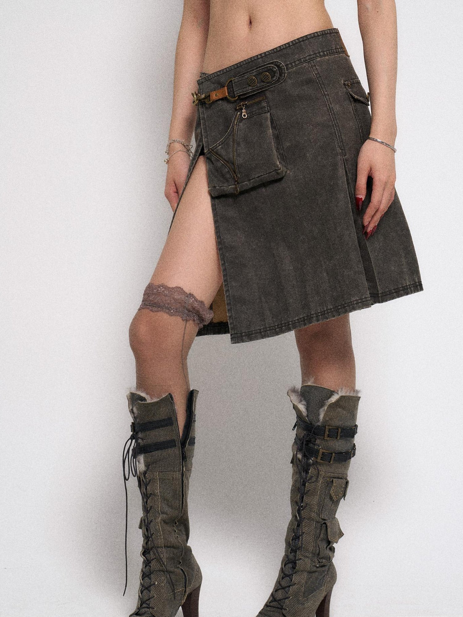 Asymmetrical Leather Panel Midi Skirt with Dual Tone Washable Pu