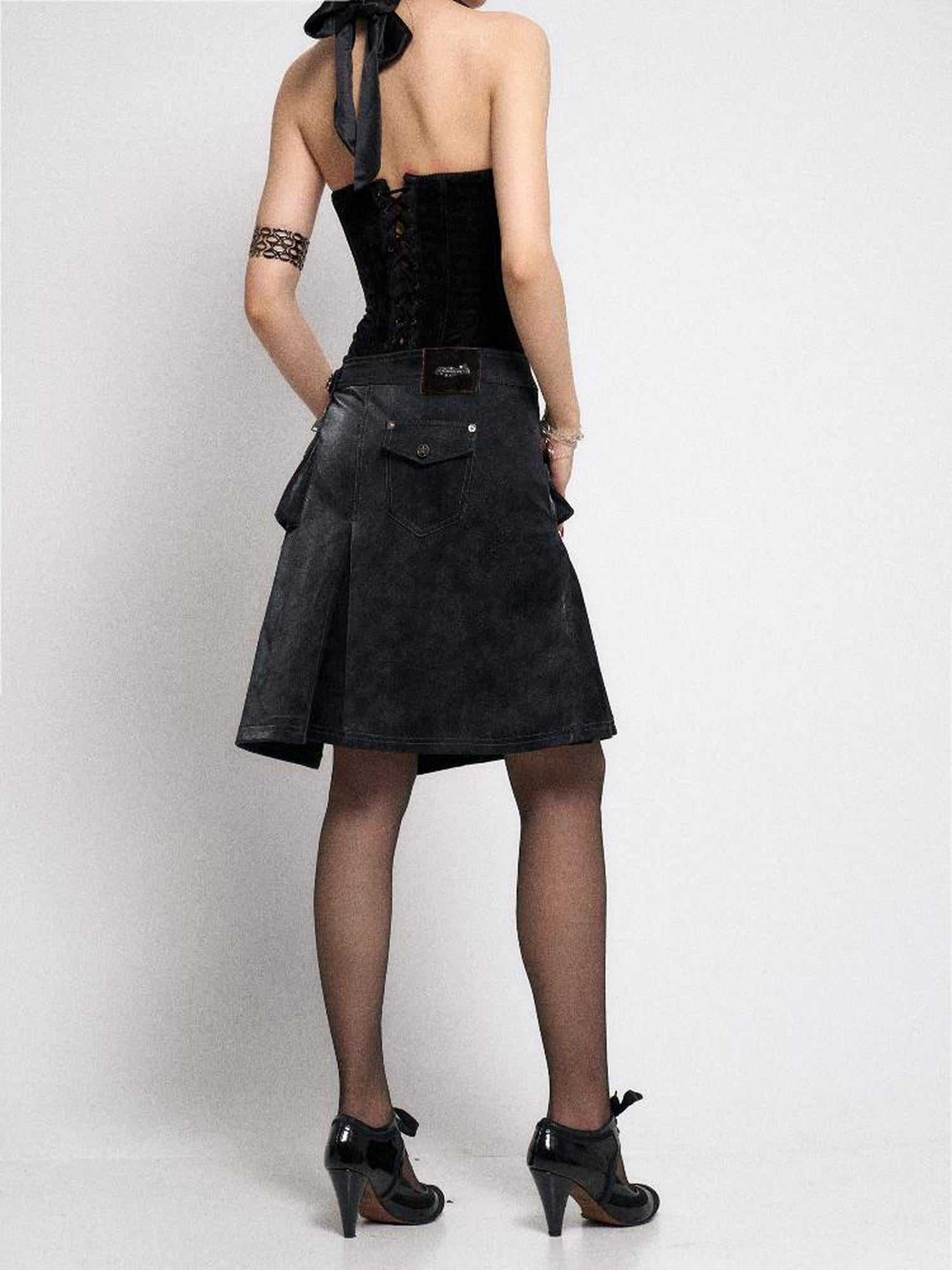 Asymmetrical Leather Panel Midi Skirt with Dual Tone Washable Pu