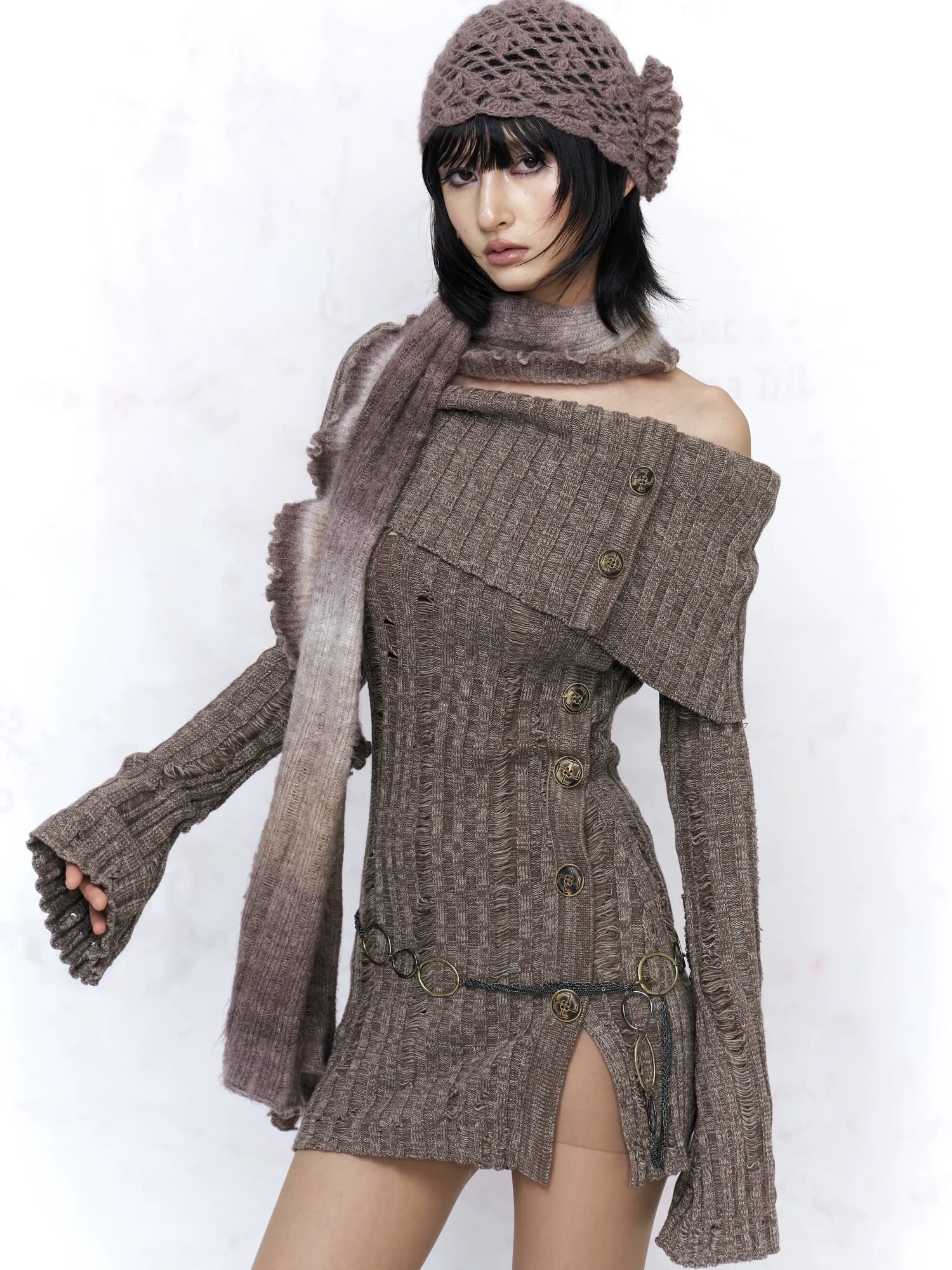 Backless Off Shoulder Wool Knit Ripped Long Sleeve Women Pullover Sweater