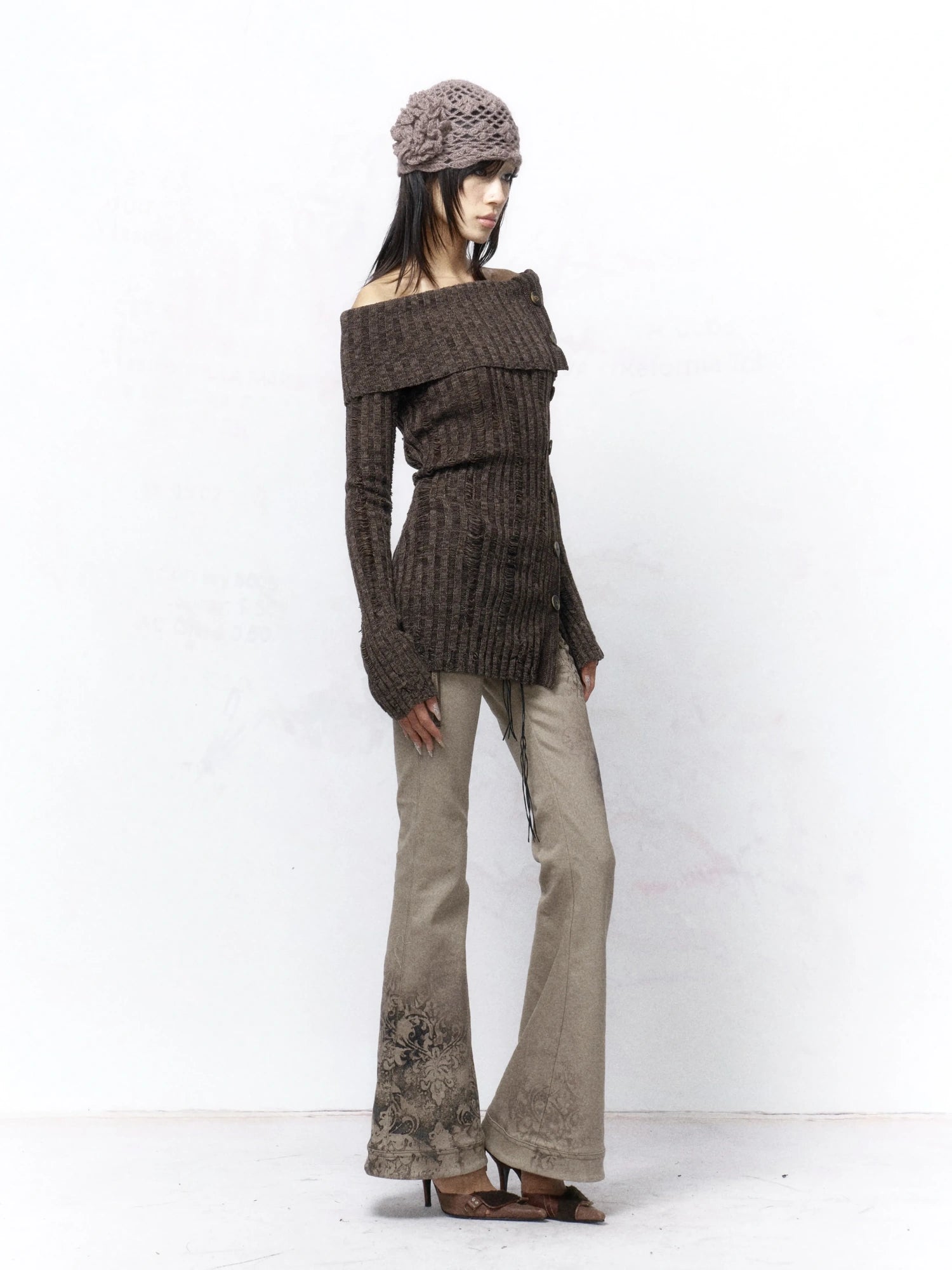 Backless Off Shoulder Wool Knit Ripped Long Sleeve Women Pullover Sweater