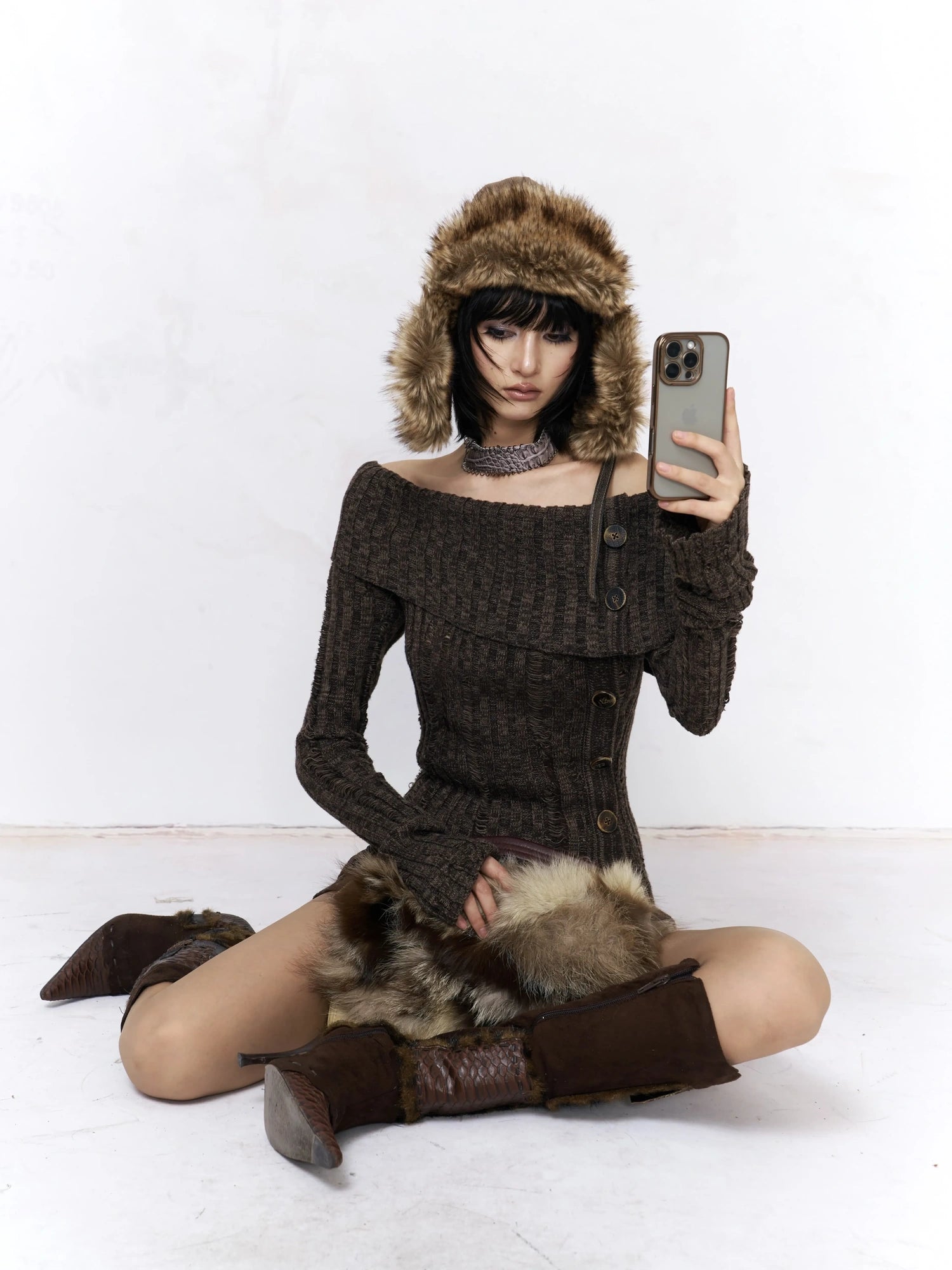 Backless Off Shoulder Wool Knit Ripped Long Sleeve Women Pullover Sweater