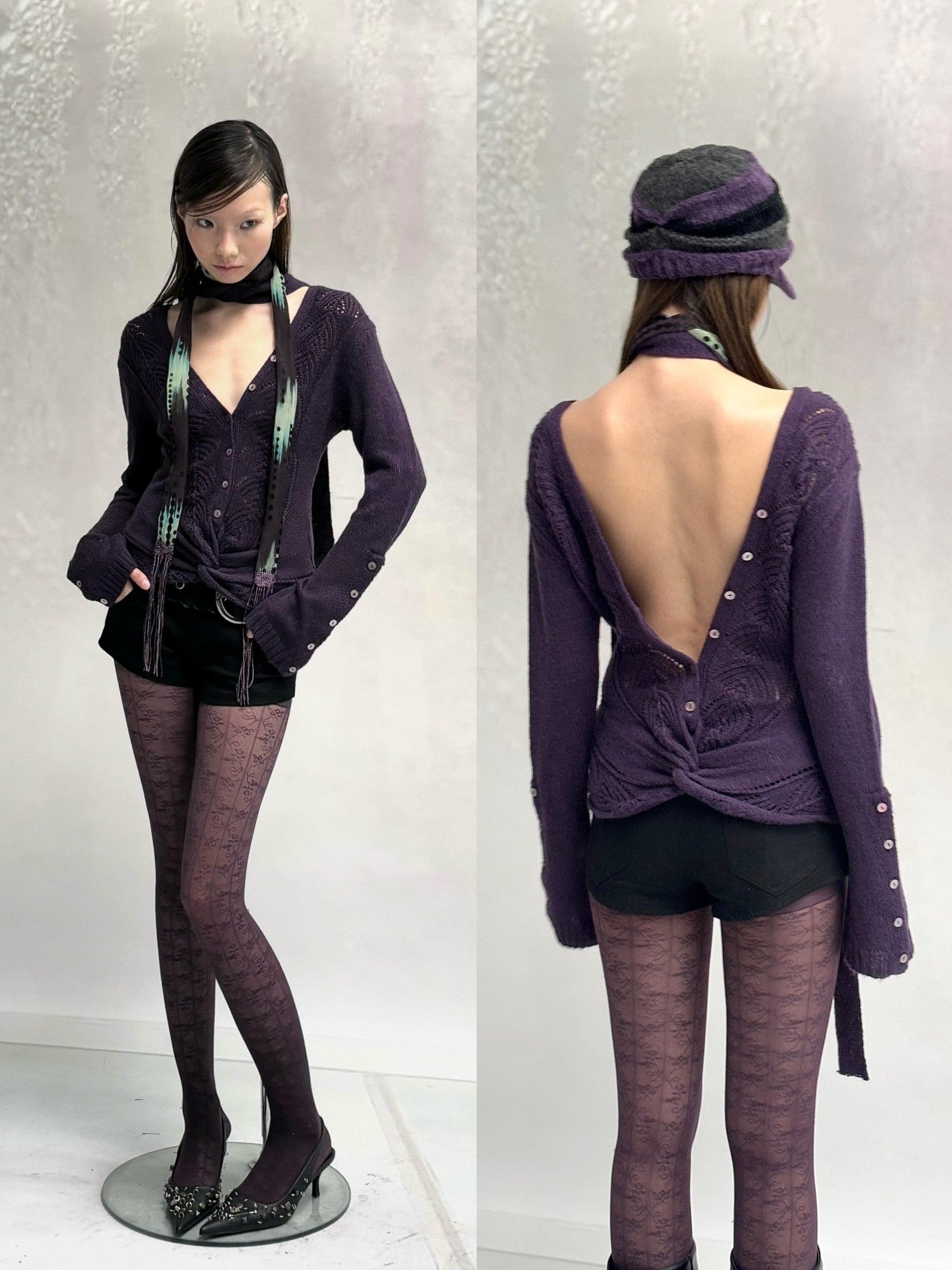Flowers birds Market Backless V-neck Casual Fitted Women Striped Cotton Knit Long Sleeve Sweaters