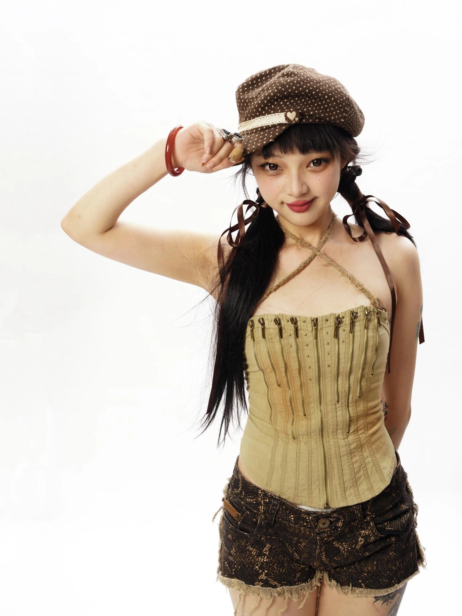 Black Gold Snake  Washed Frayed Hem Low Rise Denim Shorts