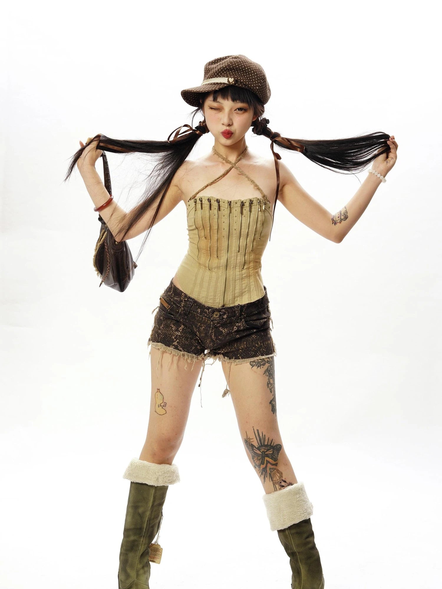 Black Gold Snake  Washed Frayed Hem Low Rise Denim Shorts