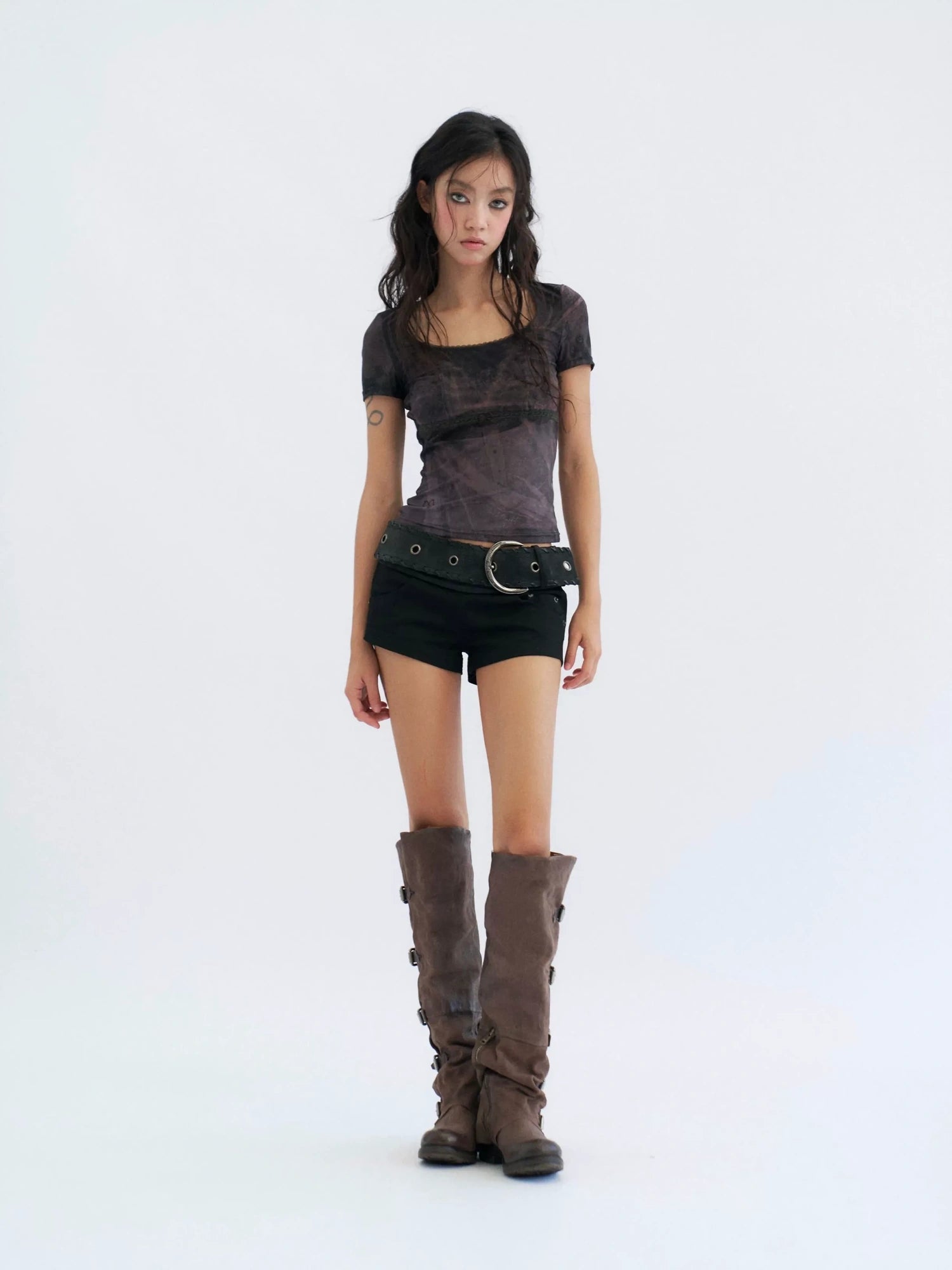 Flowers birds Market Butterfly Graphic Mesh Lace Crop Slim Fit Women Y2K Short Sleeve Black T-Shirt