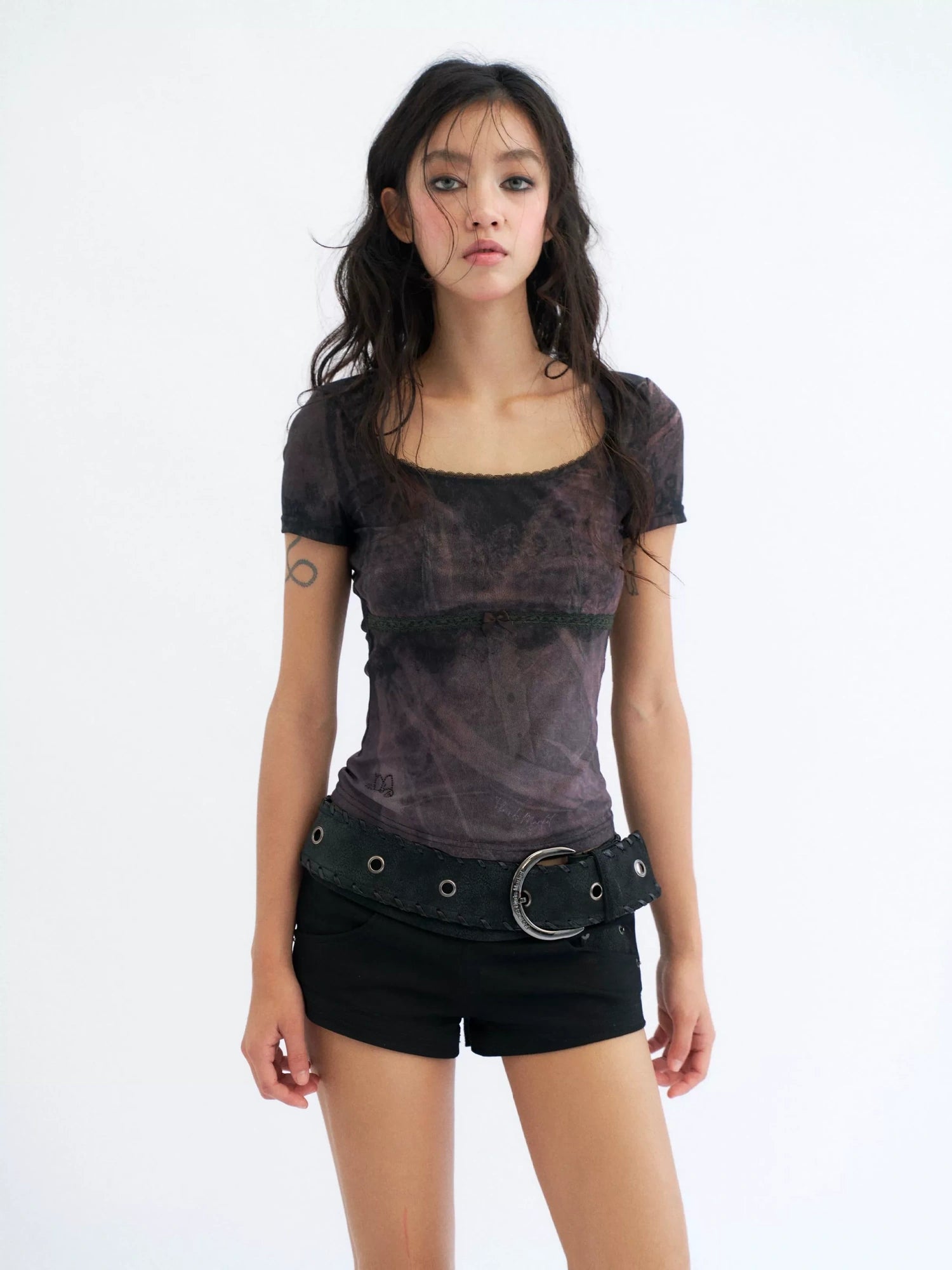 Flowers birds Market Butterfly Graphic Mesh Lace Crop Slim Fit Women Y2K Short Sleeve Black T-Shirt