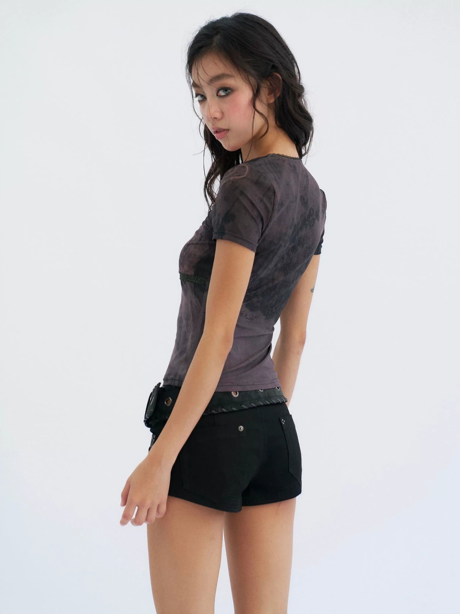 Flowers birds Market Butterfly Graphic Mesh Lace Crop Slim Fit Women Y2K Short Sleeve Black T-Shirt