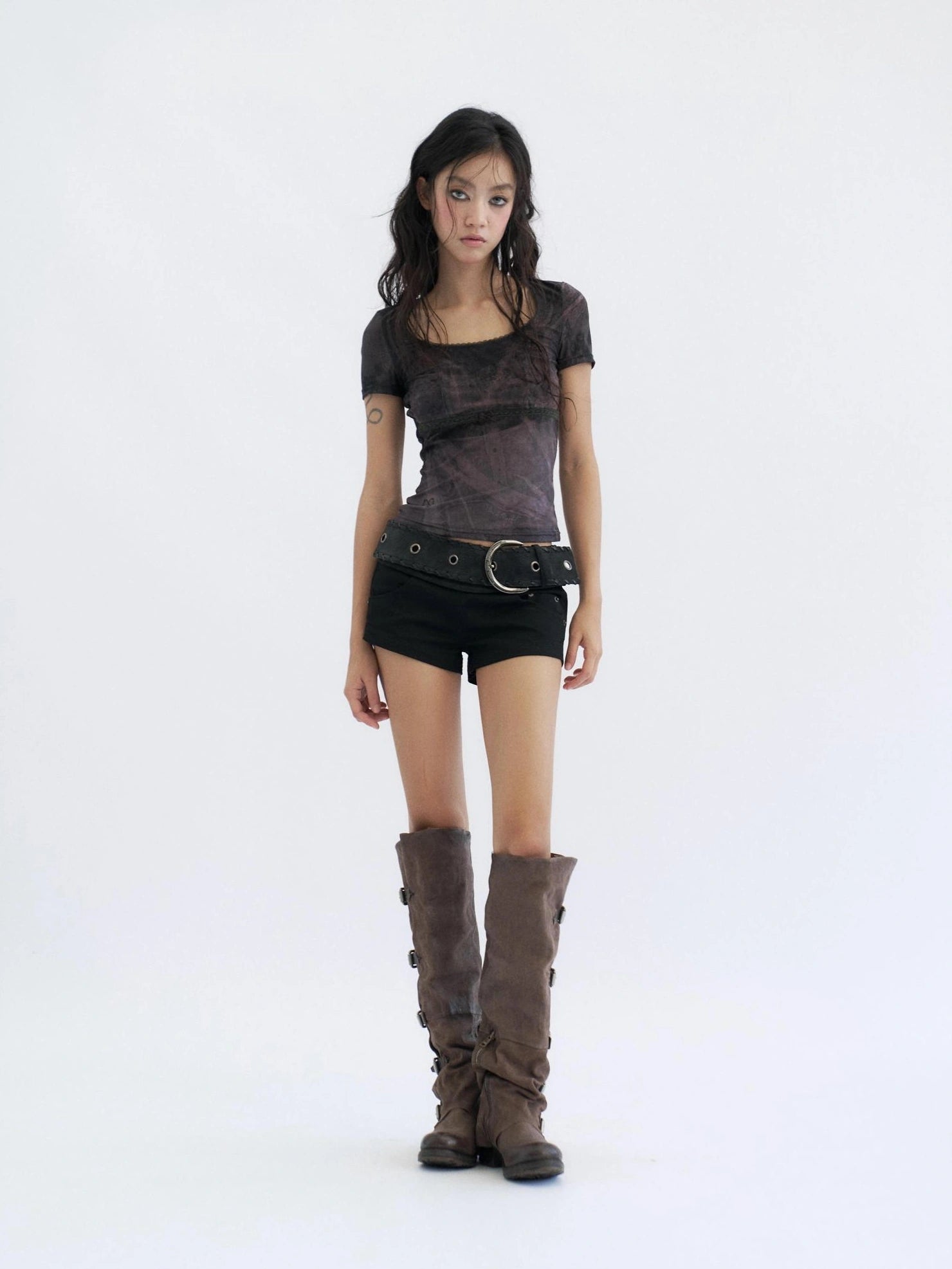 Flowers birds Market Butterfly Graphic Mesh Lace Crop Slim Fit Women Y2K Short Sleeve Black T-Shirt