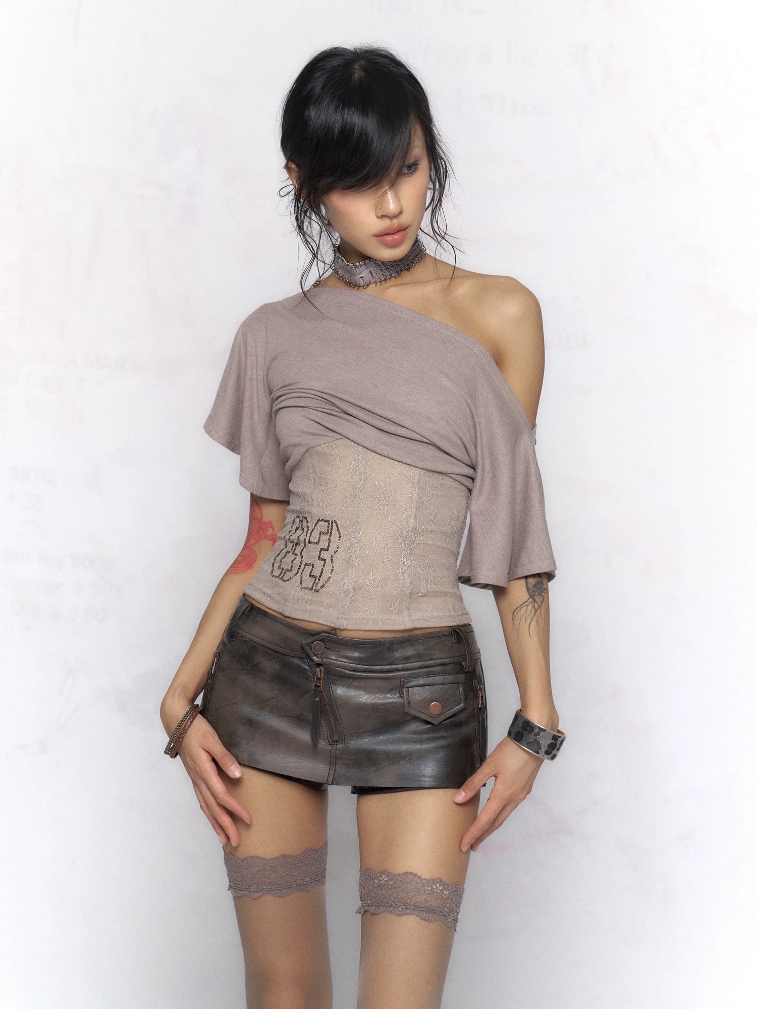 Flowers birds Market Chic Knit Ruched Patchwork Slim Fit Women Casual Tee Top T-Shirt