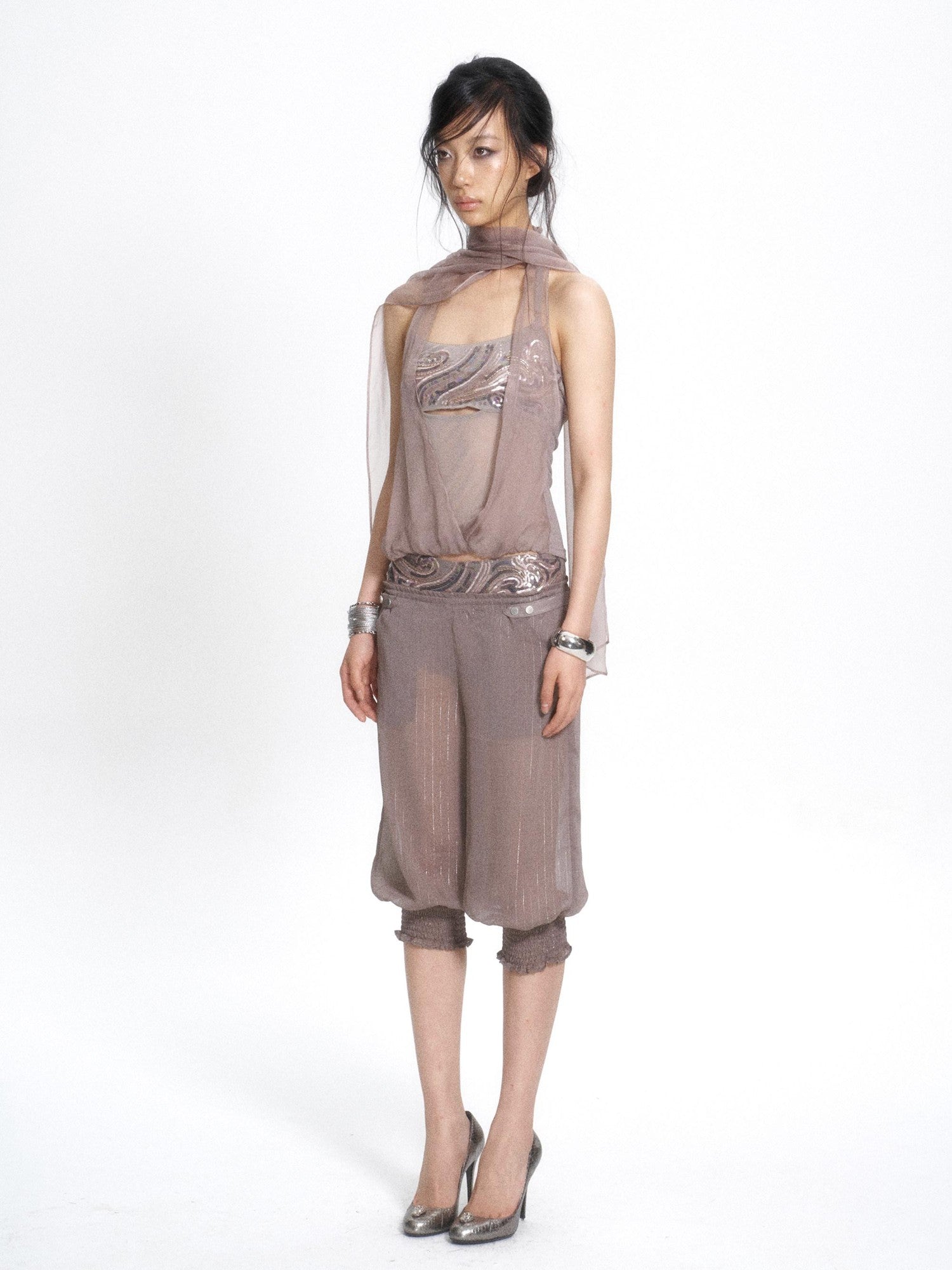 Flowers birds Market Chiffon Detachable Beaded Splice Cropped Women&