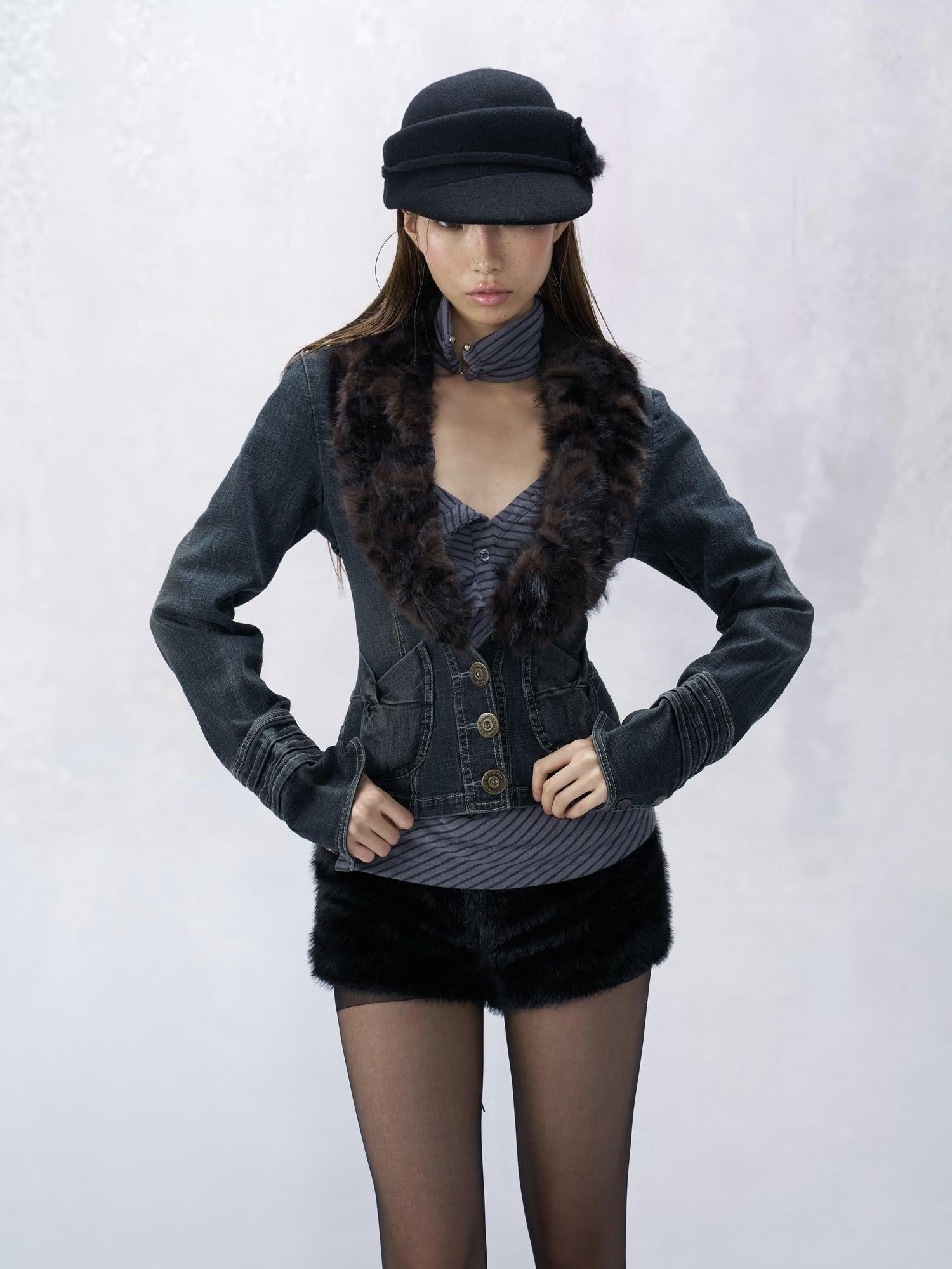 Flowers birds Market Cinched Waist Vintage Slim Cropped Long Sleeve Button Women Denim Jackets