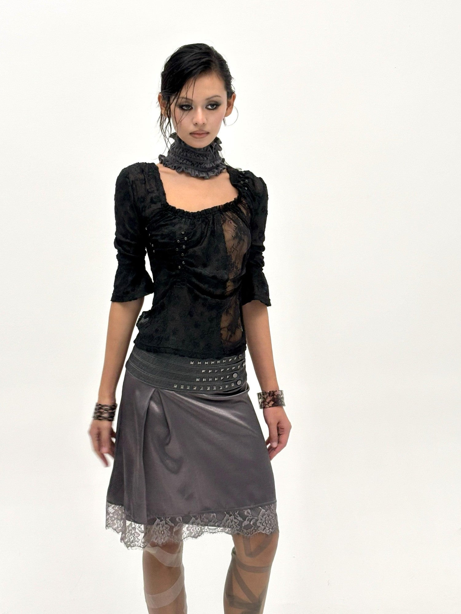 Flowers birds Market Contrast Color Ruffle Square Neck Women&