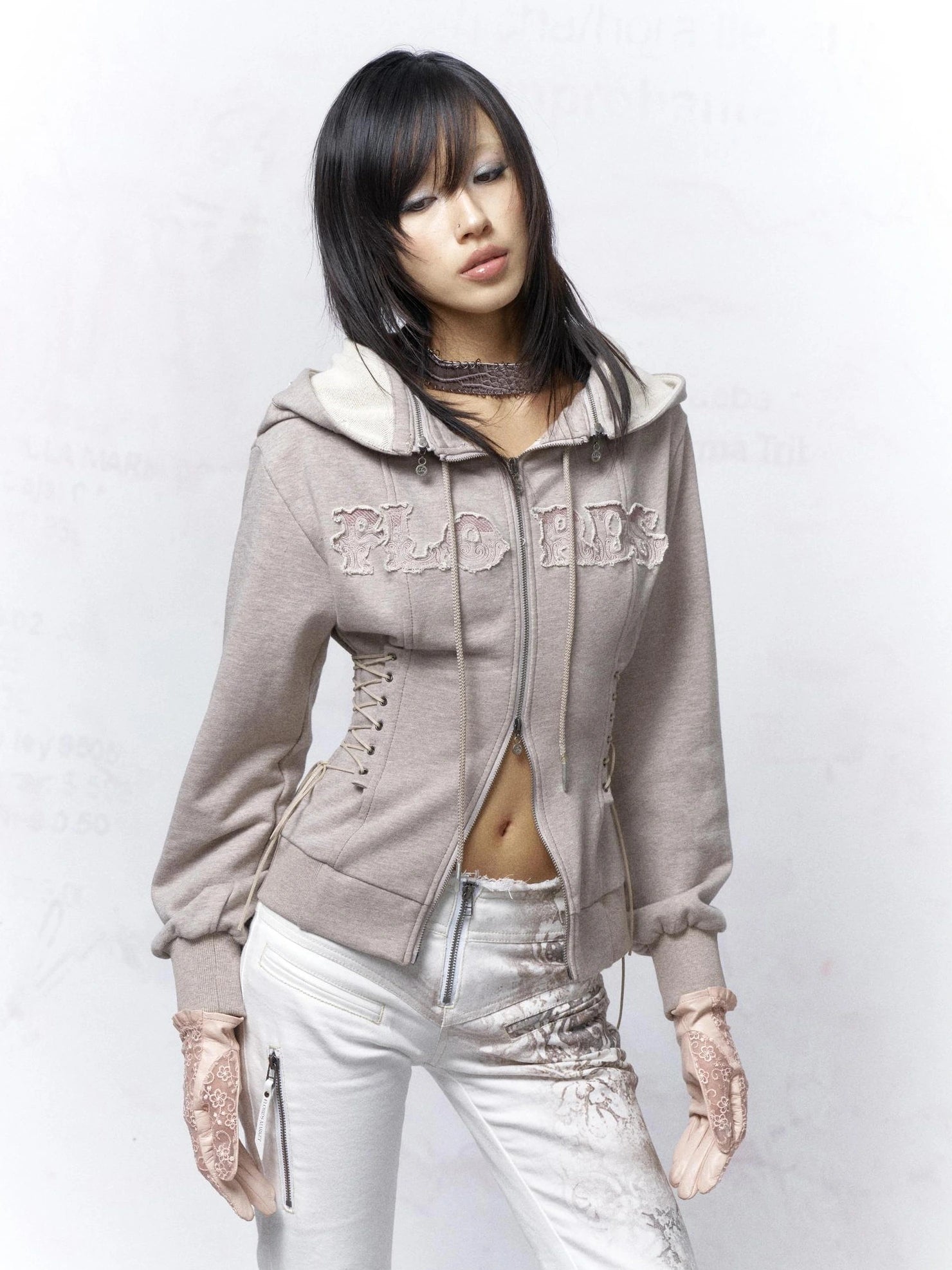 Flowers birds Market Cotton Zip Front Slim Fit Hooded Long Sleeve Solid Color Warm Gray Women Hoodeis