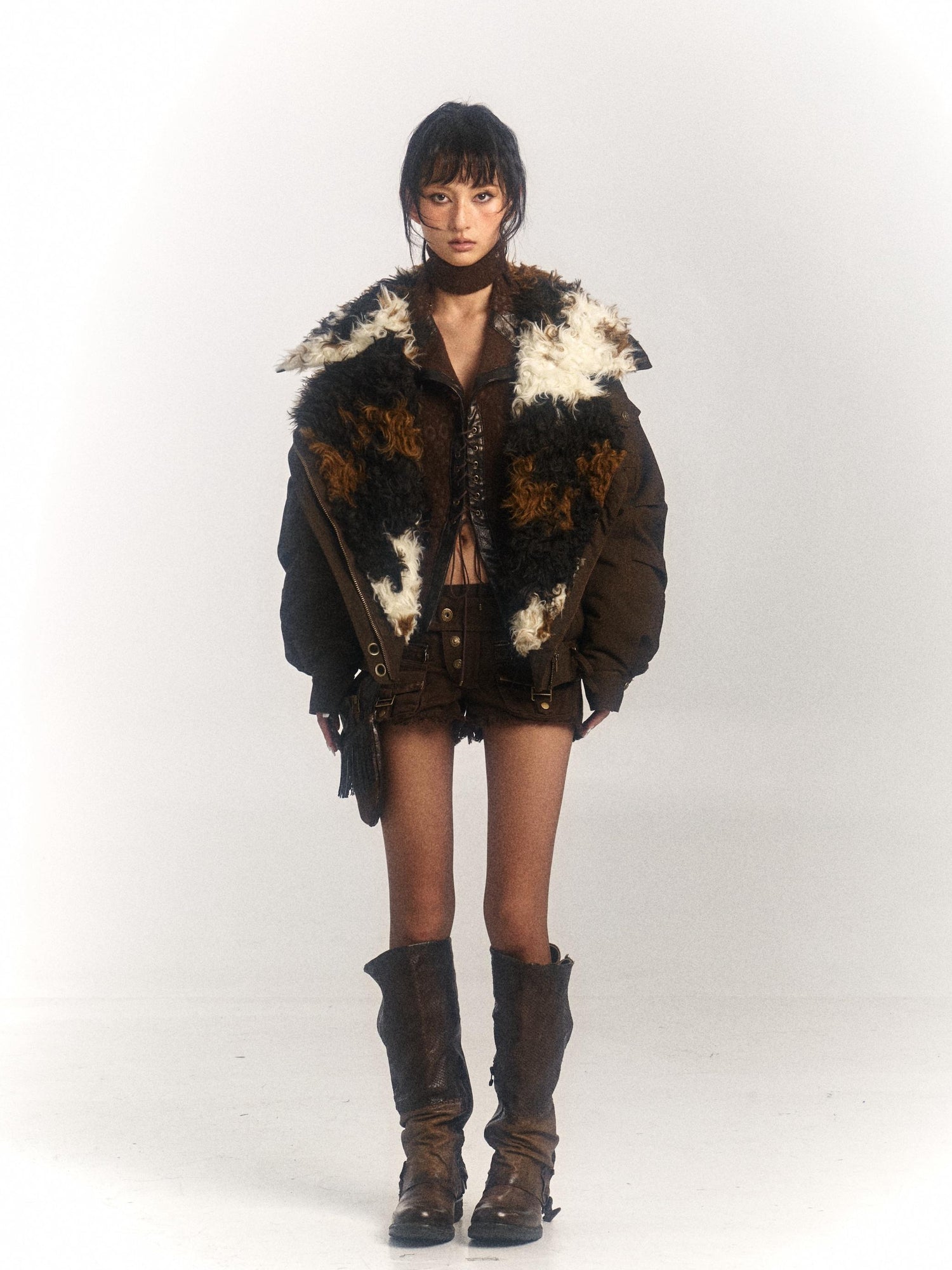 Flowers birds Market Cow Lamb Shearling Oversized Collar Parka Unisex