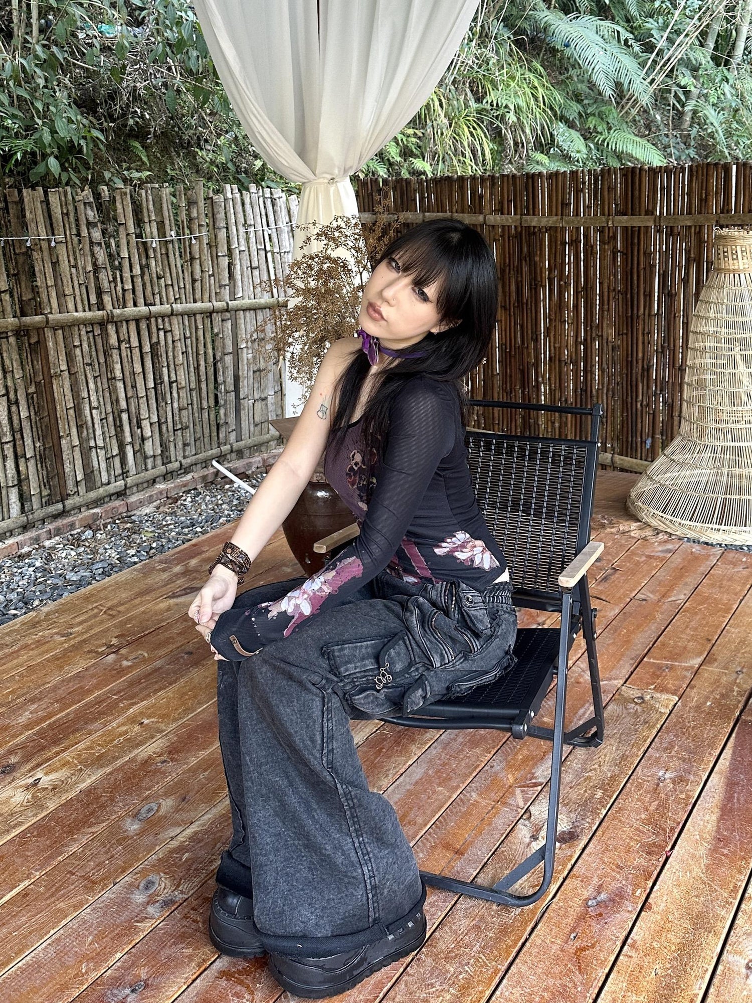 Cropped Mesh Knit Top Asymmetric Shoulder Print Design