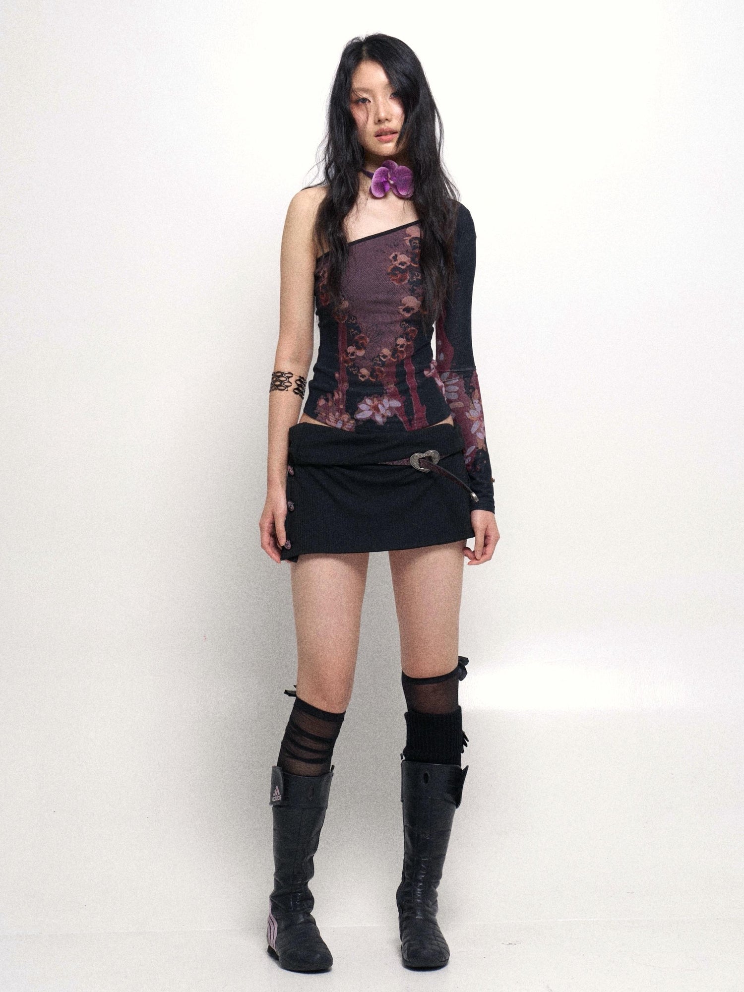 Flowers birds Market Cropped Mesh Knit Top Asymmetric Shoulder Print Design