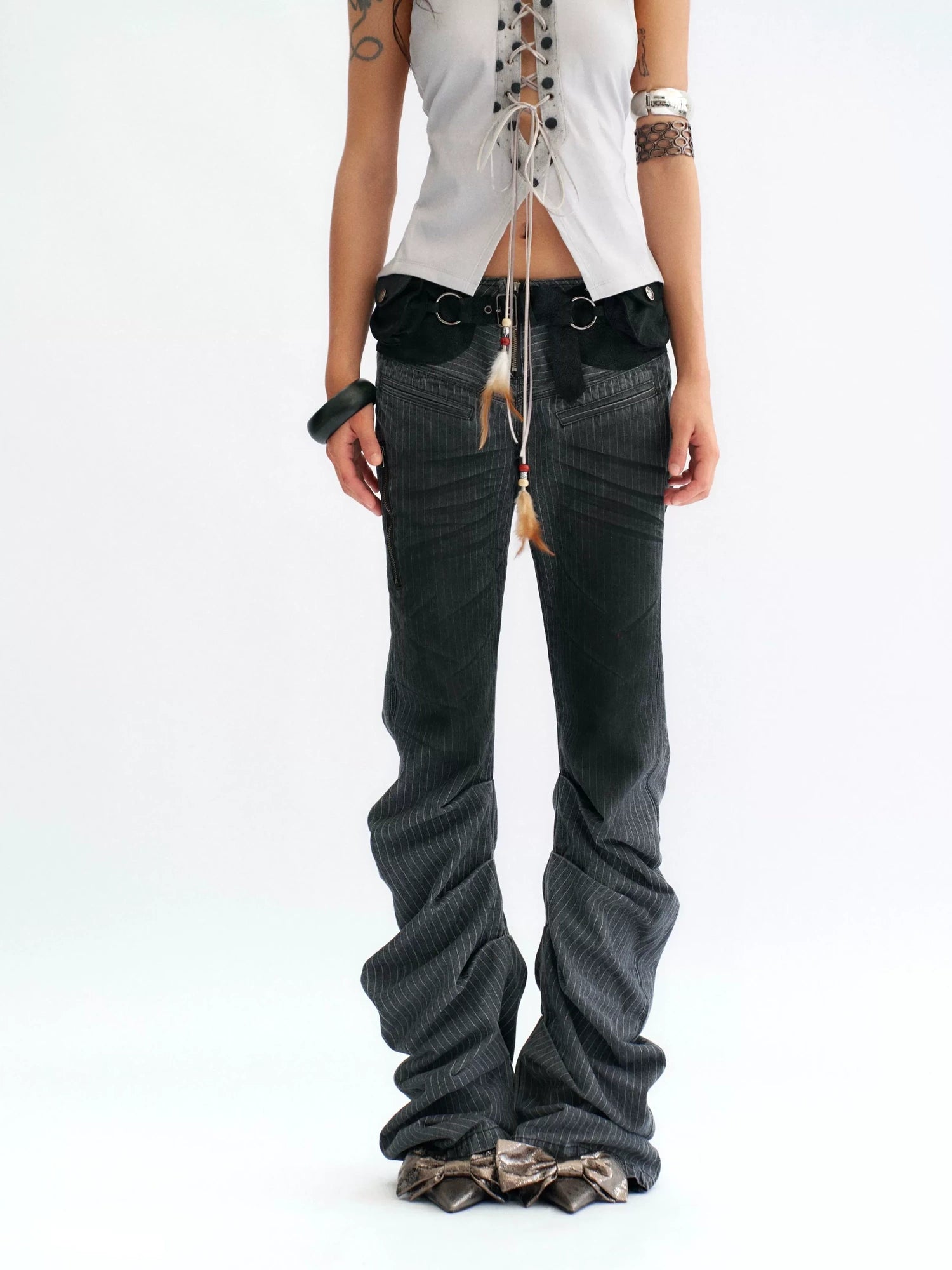 Flowers birds Market Dark Gray Striped Low Rise Flare Regular Fit Slight Stretch Cotton Women Jeans