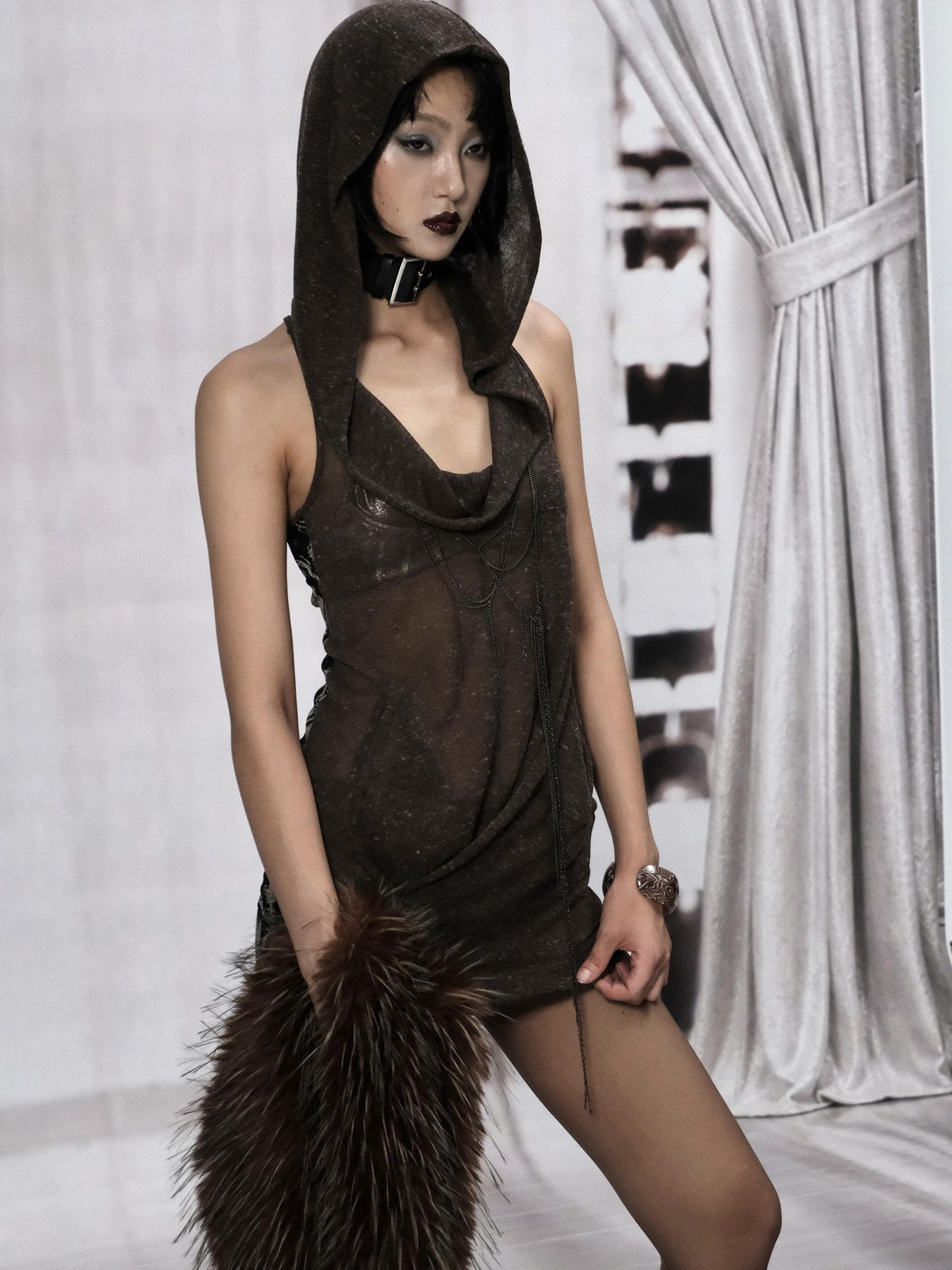Flowers birds Market Deconstructed Knit Spliced Print Sheer Hooded Women&