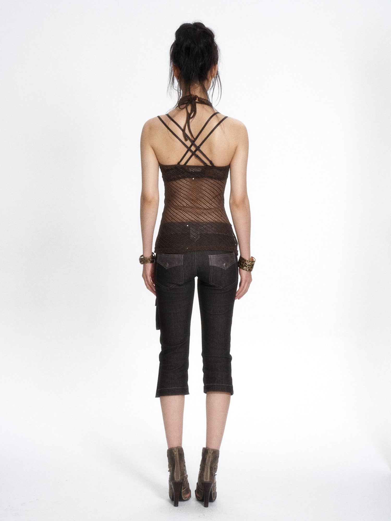 Flowers birds Market Deep Brown Sequined Mesh Cutout Halter Tie Women&