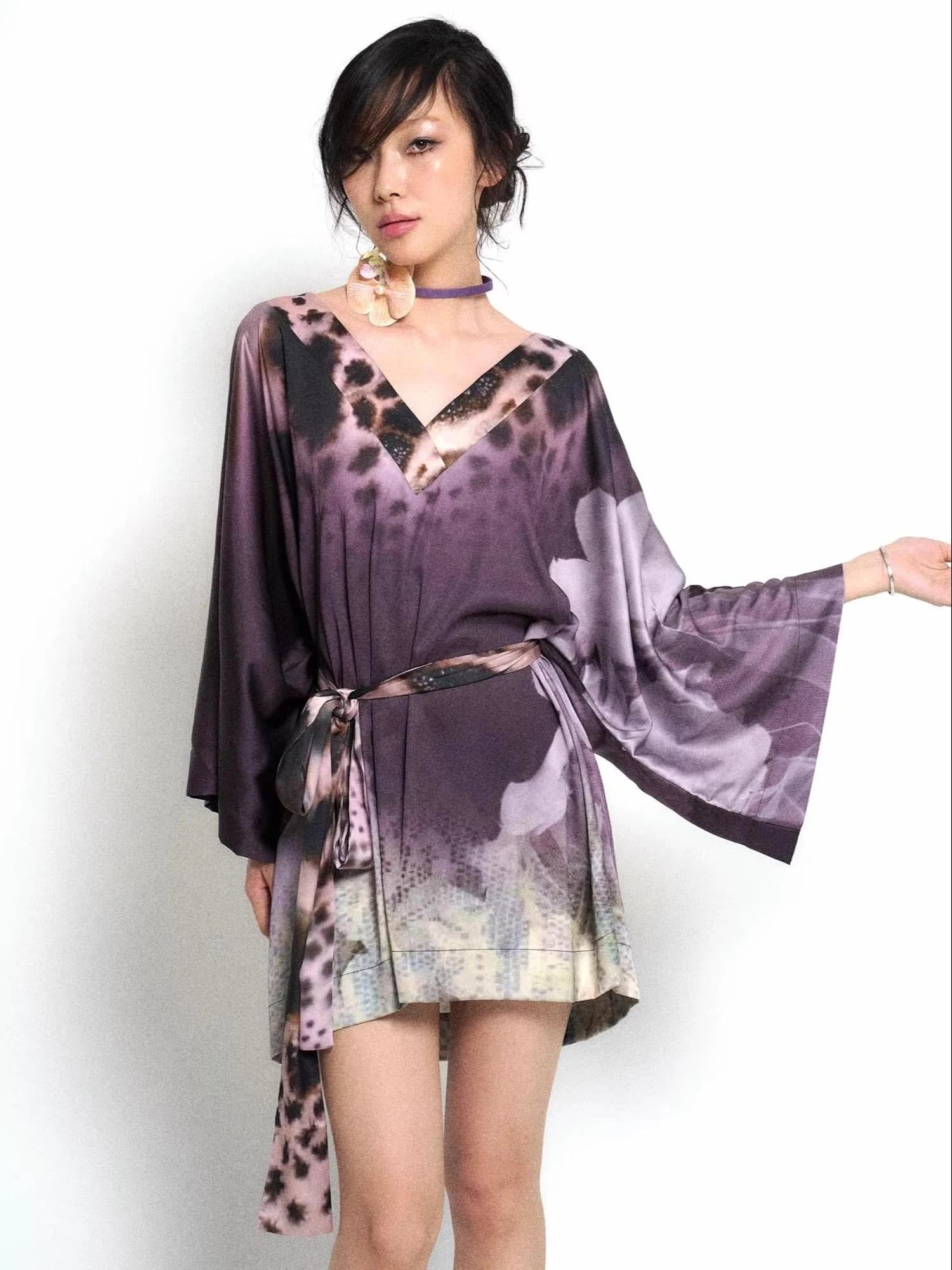 Deep Purple Leopard Gradient Satin V Neck Long Sleeve T Shirt Loungewear Set
