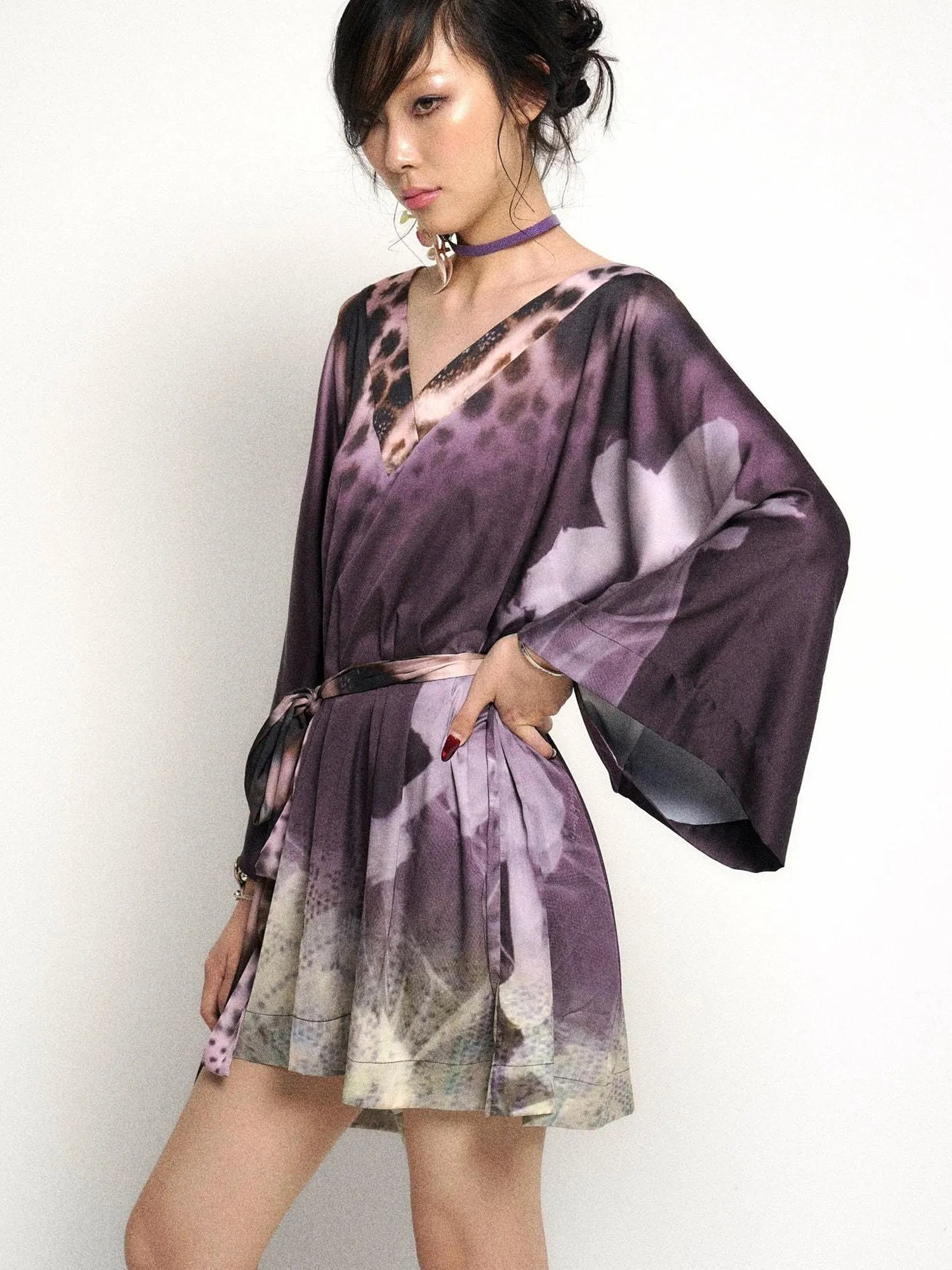 Deep Purple Leopard Gradient Satin V Neck Long Sleeve T Shirt Loungewear Set