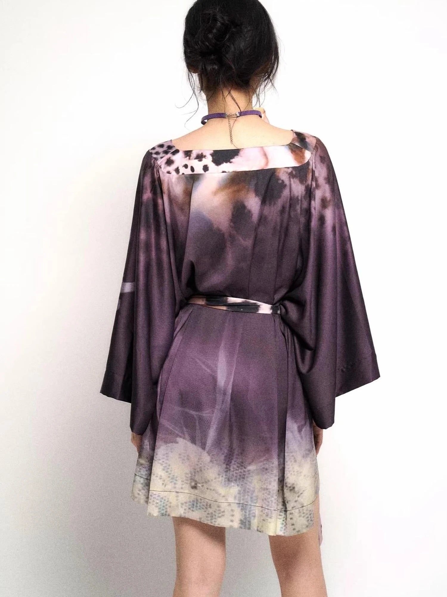 Deep Purple Leopard Gradient Satin V Neck Long Sleeve T Shirt Loungewear Set