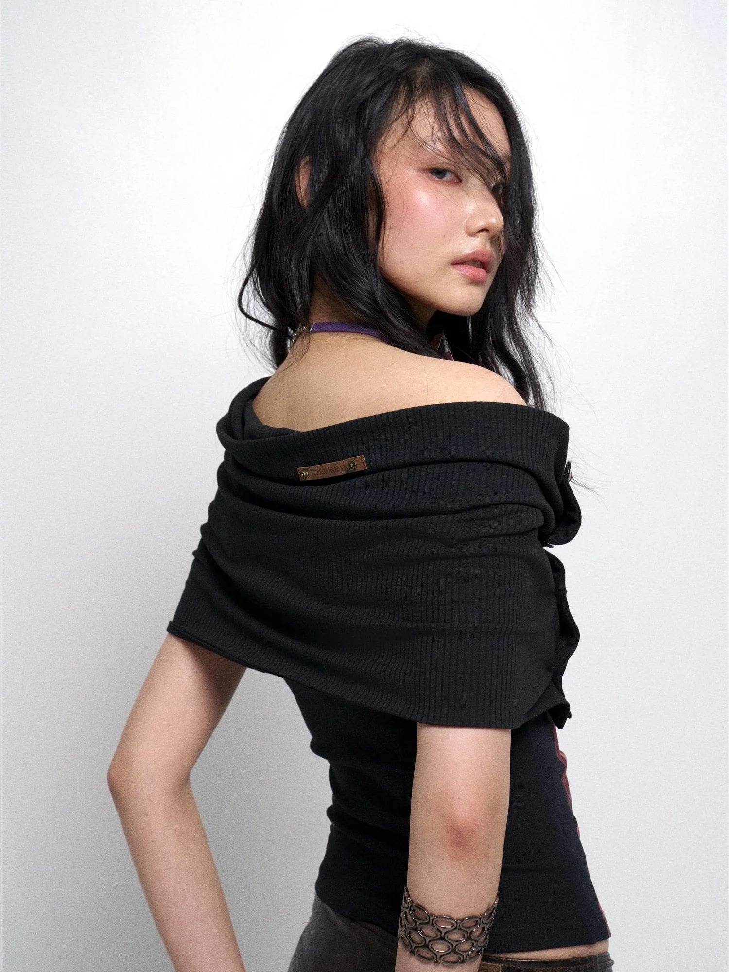 Detachable Cowl Neck Print Knit Slip Top