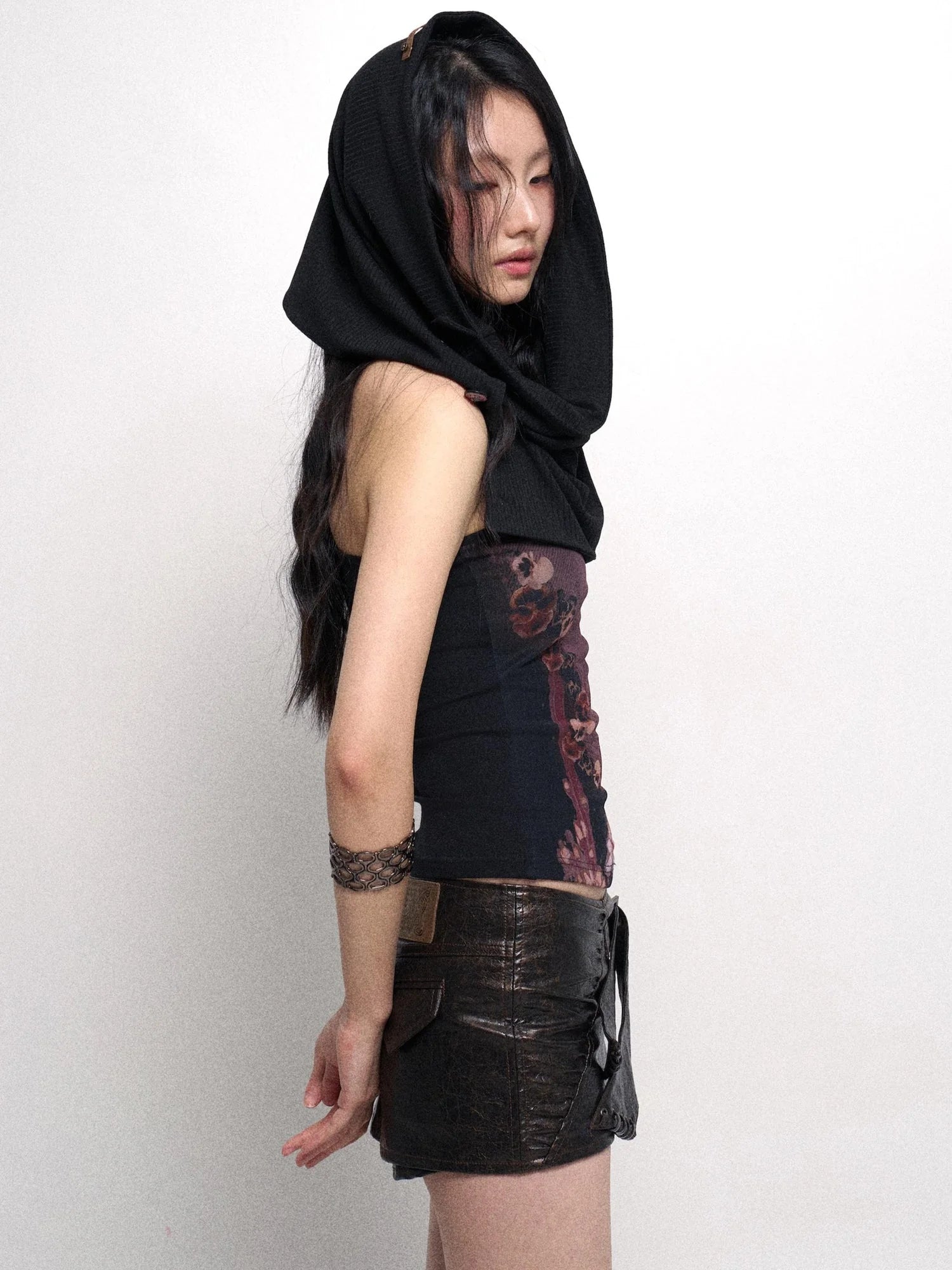 Detachable Cowl Neck Print Knit Slip Top