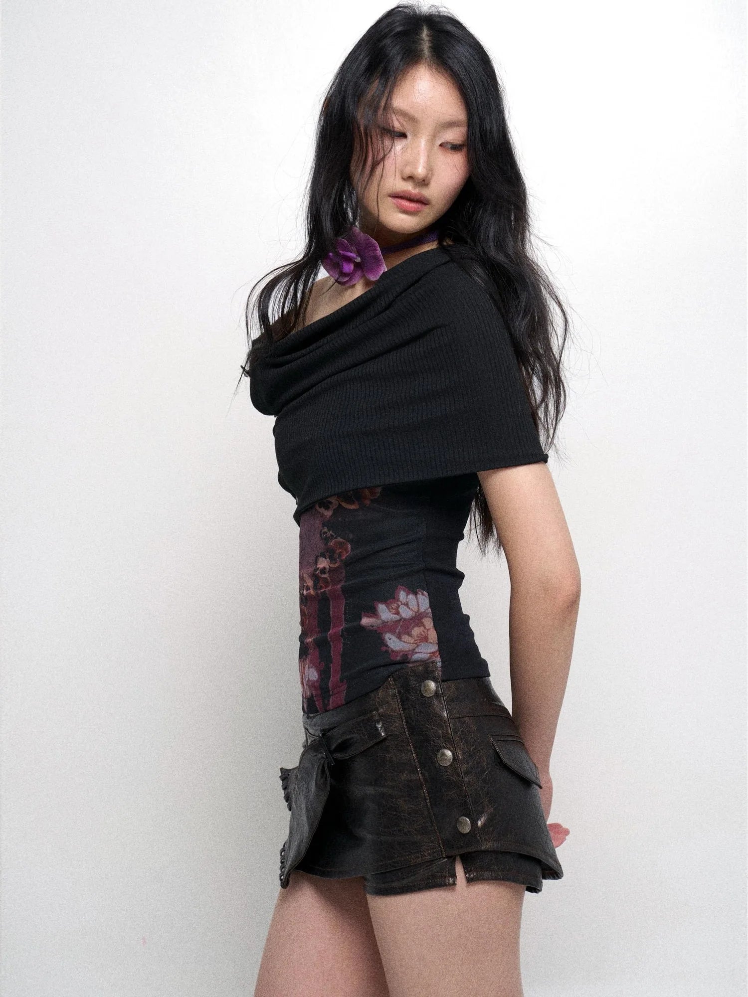 Detachable Cowl Neck Print Knit Slip Top