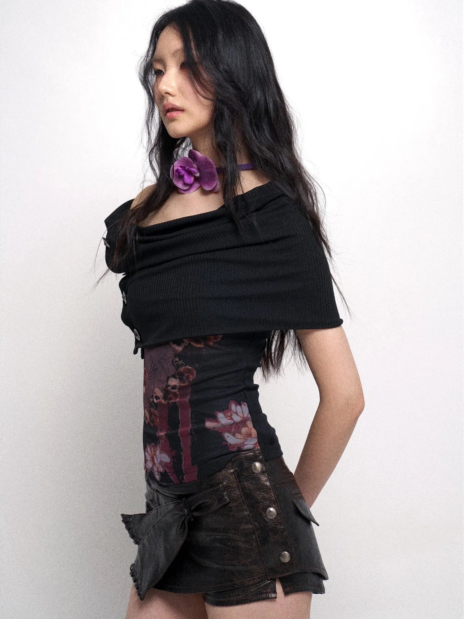 Detachable Cowl Neck Print Knit Slip Top