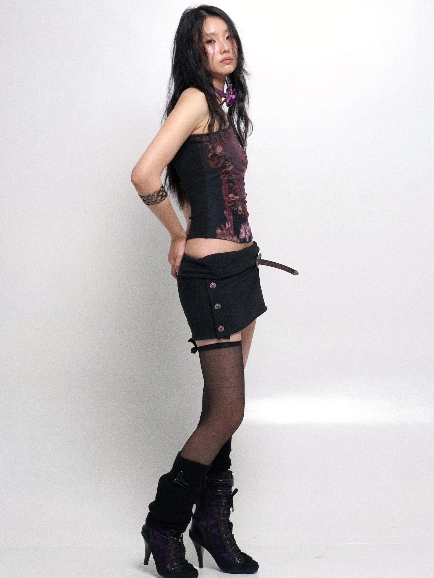 Detachable Cowl Neck Print Knit Slip Top