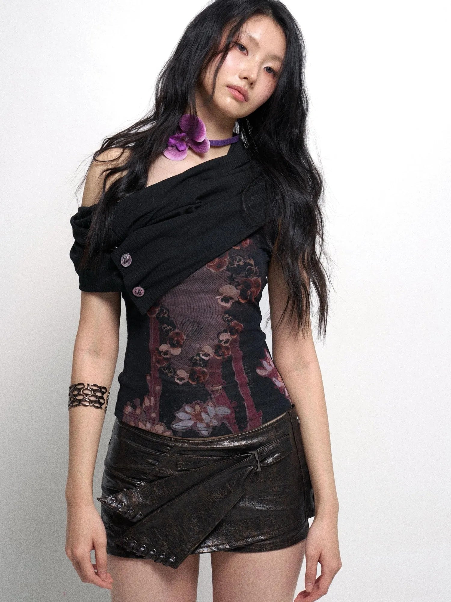 Detachable Cowl Neck Print Knit Slip Top