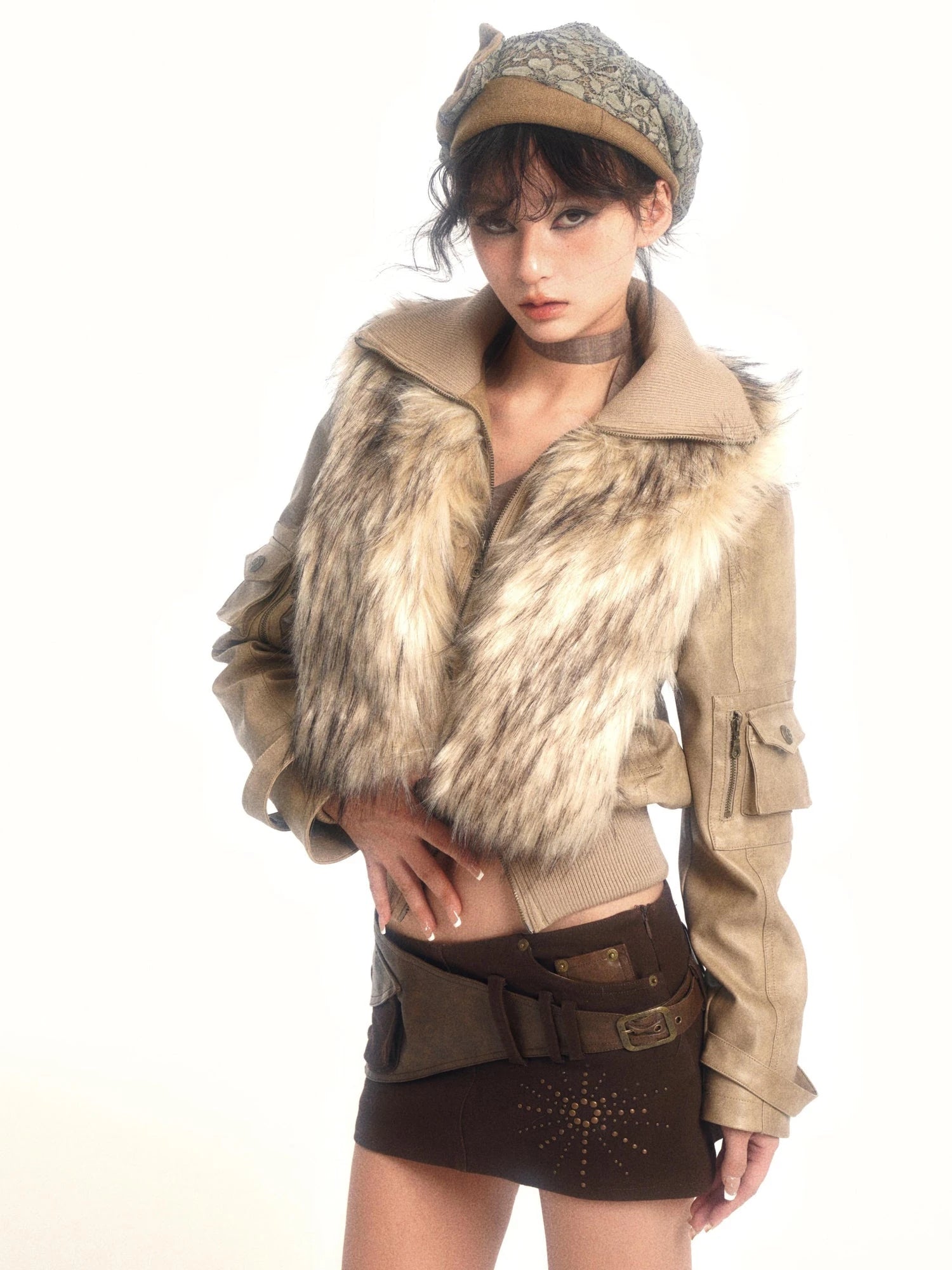 Detachable Eco Fur Windproof Leather Jacket V Neck T Shirt Long Sleeve