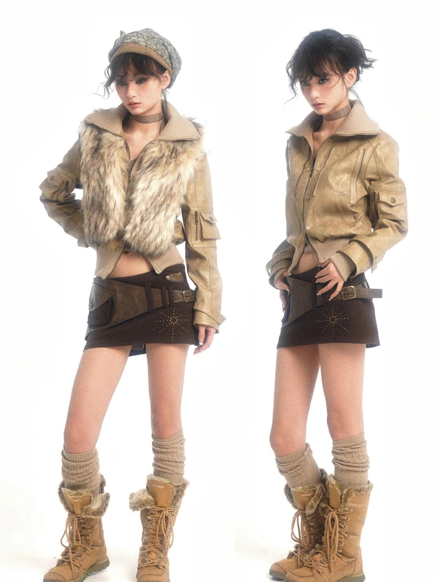 Detachable Eco Fur Windproof Leather Jacket V Neck T Shirt Long Sleeve