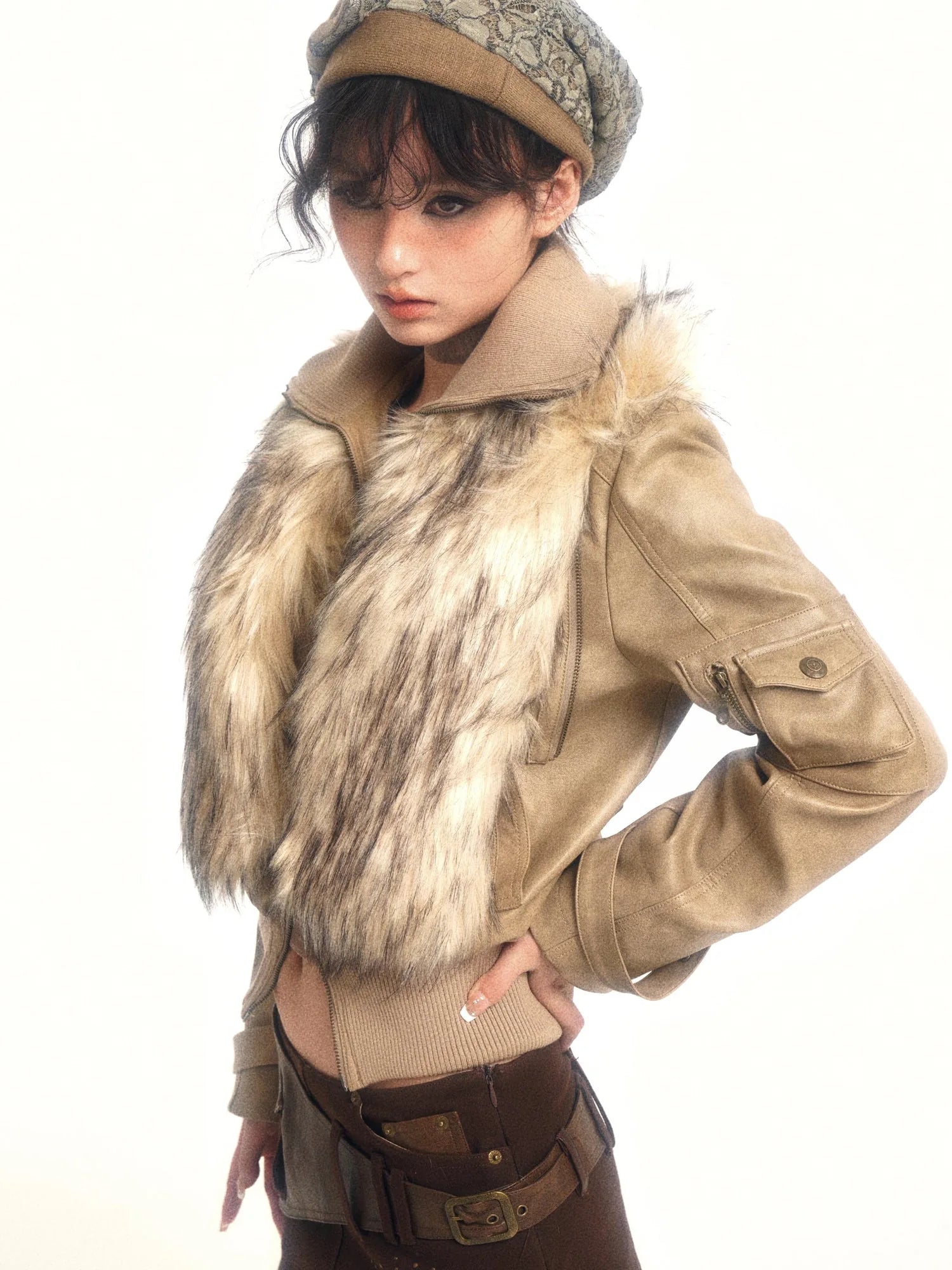 Detachable Eco Fur Windproof Leather Jacket V Neck T Shirt Long Sleeve