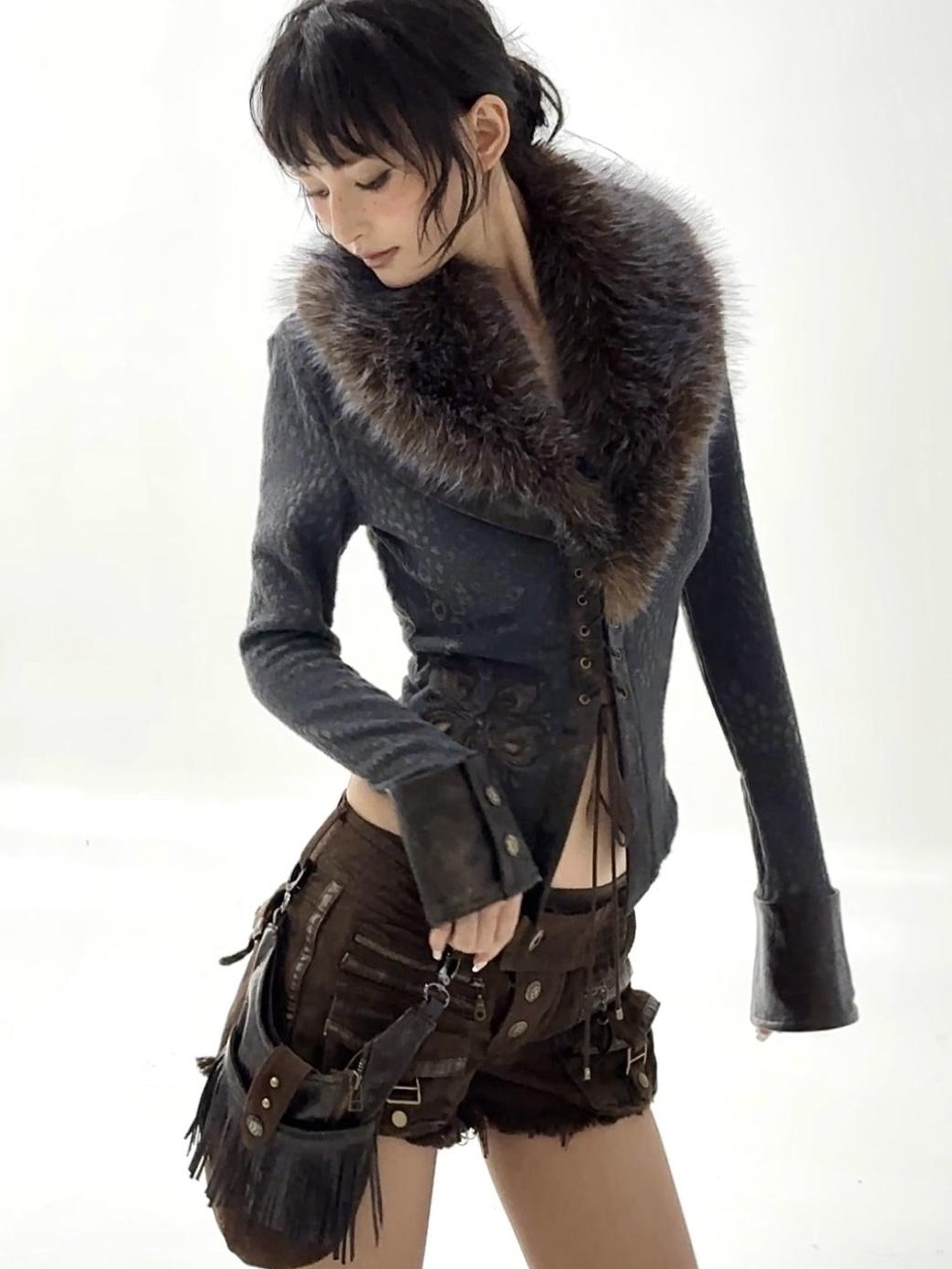 Flowers birds Market Detachable Faux Fur Collar Embroidered Sweater Shirt