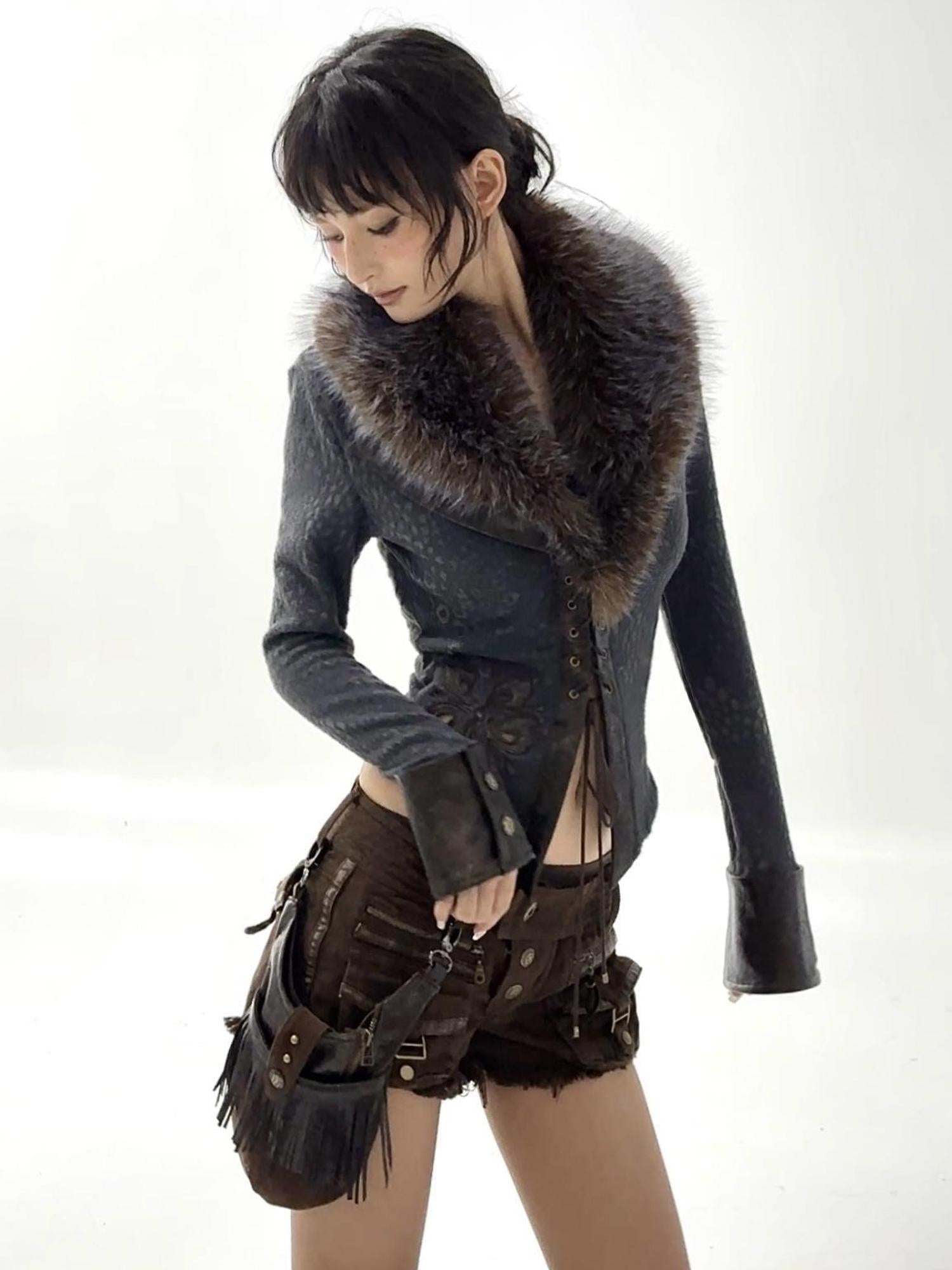 Flowers birds Market Detachable Faux Fur Collar Embroidered Sweater Shirt