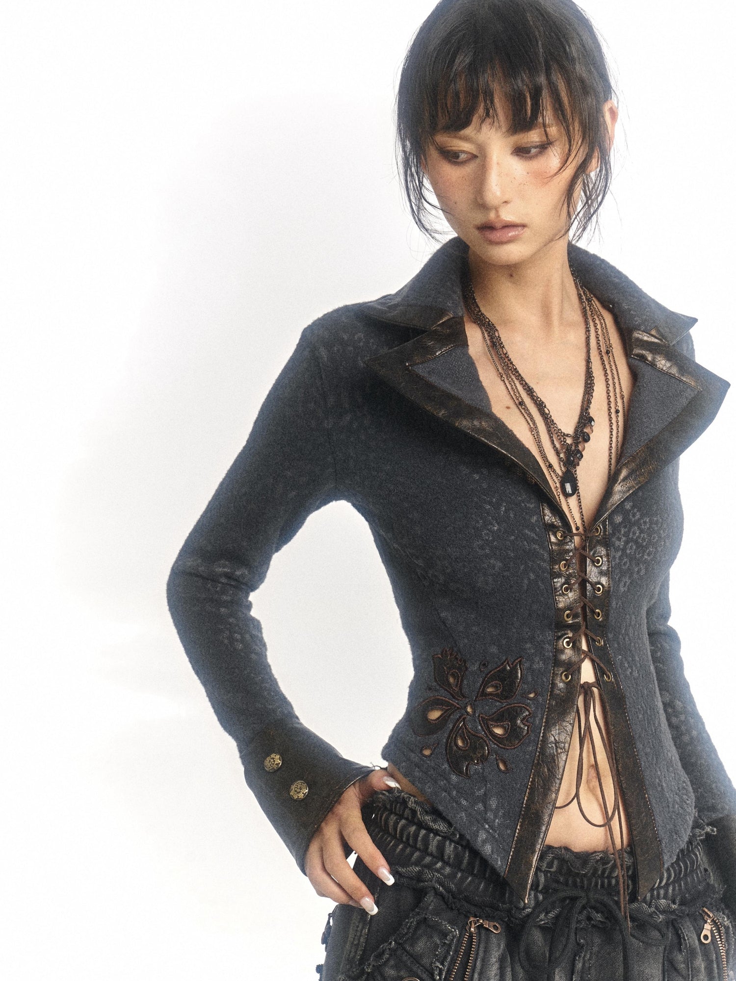 Flowers birds Market Detachable Faux Fur Collar Embroidered Sweater Shirt