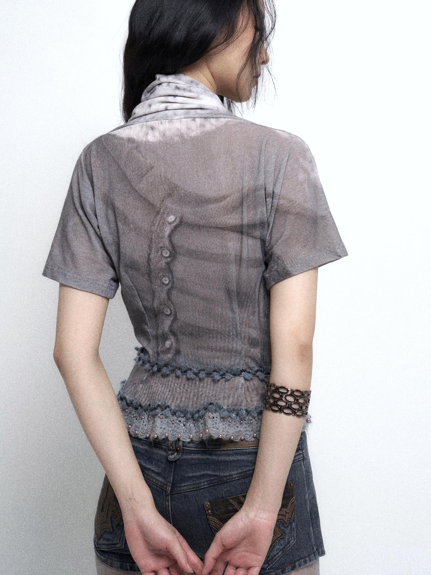 Flowers birds Market Detachable Faux Fur Collar Knit Cardigan